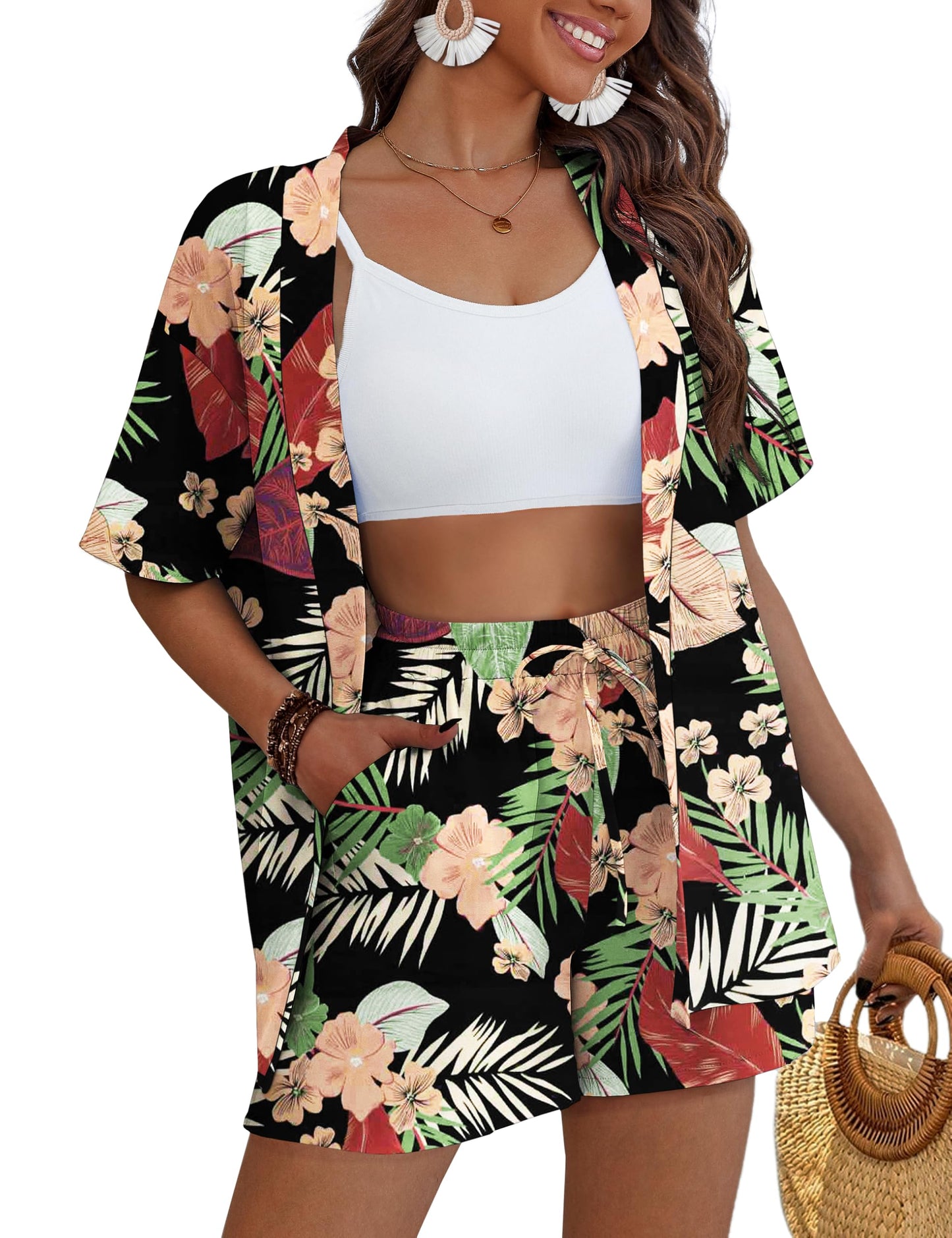 REDHOTYPE Women's 2 Piece Outfits Kimono Style Tropical Print Cover Ups Half Sleeve Blouse Shorts Set Summer Beachwear (S-XL)