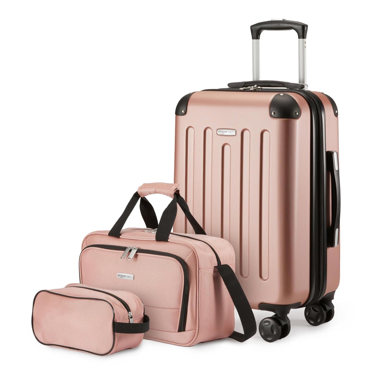 Amazon Basics 4-Piece Luggage Set, Including Two Hardside Suitcases With Multidirectional Spinner Wheels (22" CarryOn and 28" Checked), Plus 15-inch Tote Bag and 10-inch Compact Travel Bag, Rose Gold