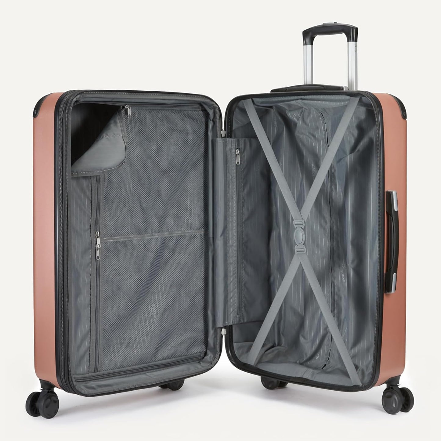 Amazon Basics 4-Piece Luggage Set, Including Two Hardside Suitcases With Multidirectional Spinner Wheels (22" CarryOn and 28" Checked), Plus 15-inch Tote Bag and 10-inch Compact Travel Bag, Rose Gold