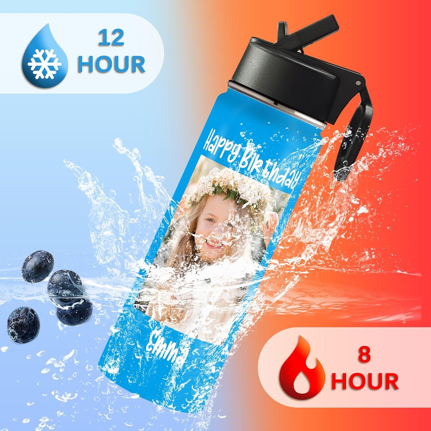 Custom Water Bottle with Photo, 18/32 oz Personalized Picture Stainless Steel Sports Water Bottle for Kids Men Women, Customize Double Wall Vacuum Insulated Bottle Birthday Gifts Water Bottle