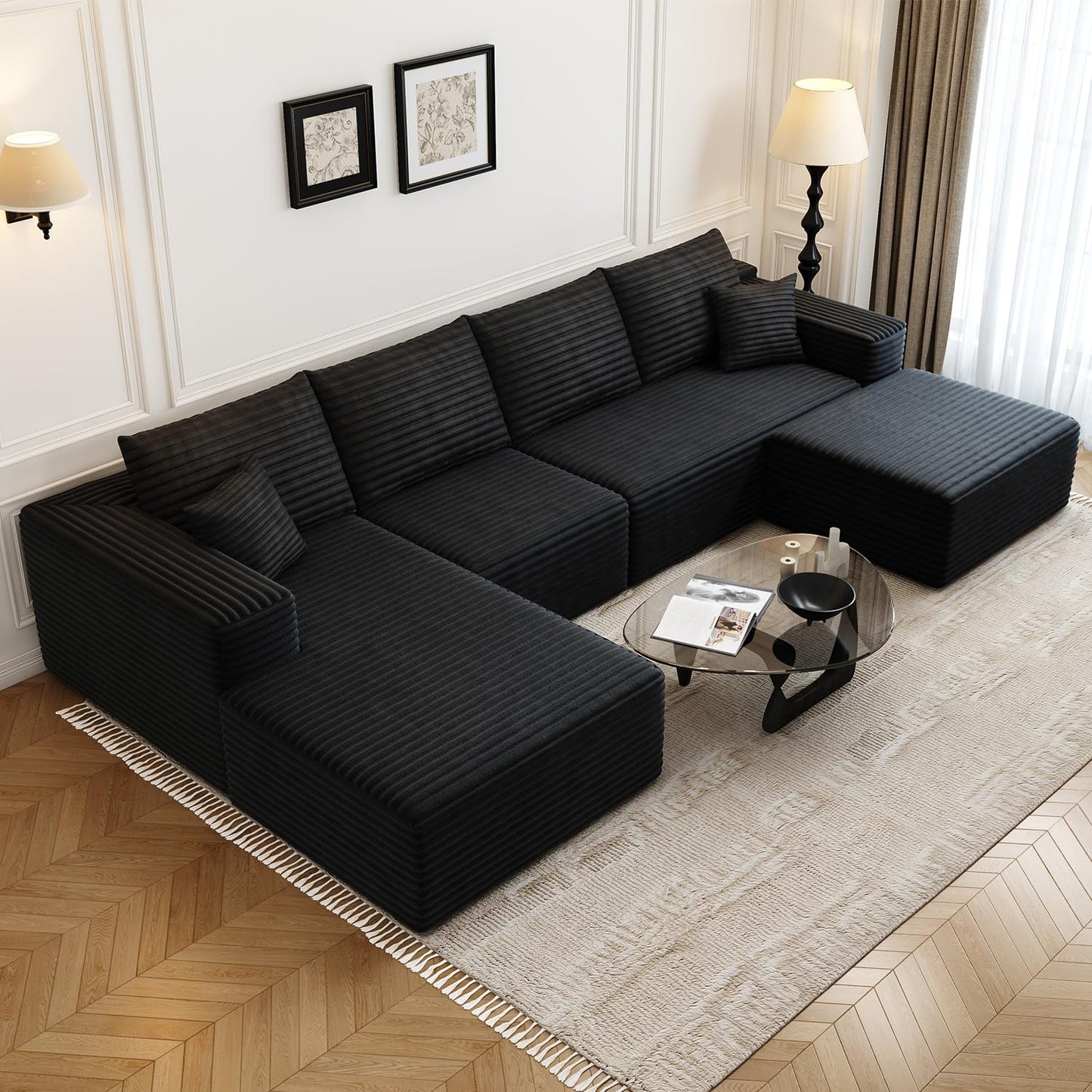 107.5" Cloud Modular Sectional Sofa with 1 Ottoman,Modern Minimalist Upholstered Couches, Comfort U Shaped Sofa for Living Room,Deep Seat Corner Couch,No Assembly Required (Black,Left Facing Chaise)
