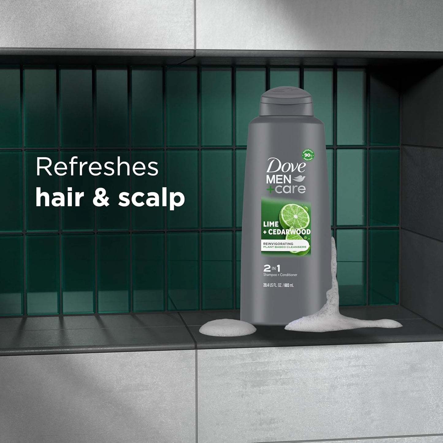 DOVE MEN + CARE Men 2 in 1 Shampoo and Conditioner Lime + Cedarwood For Healthy-Looking Hair Naturally Derived Plant Based Cleansers 20.4 OZ