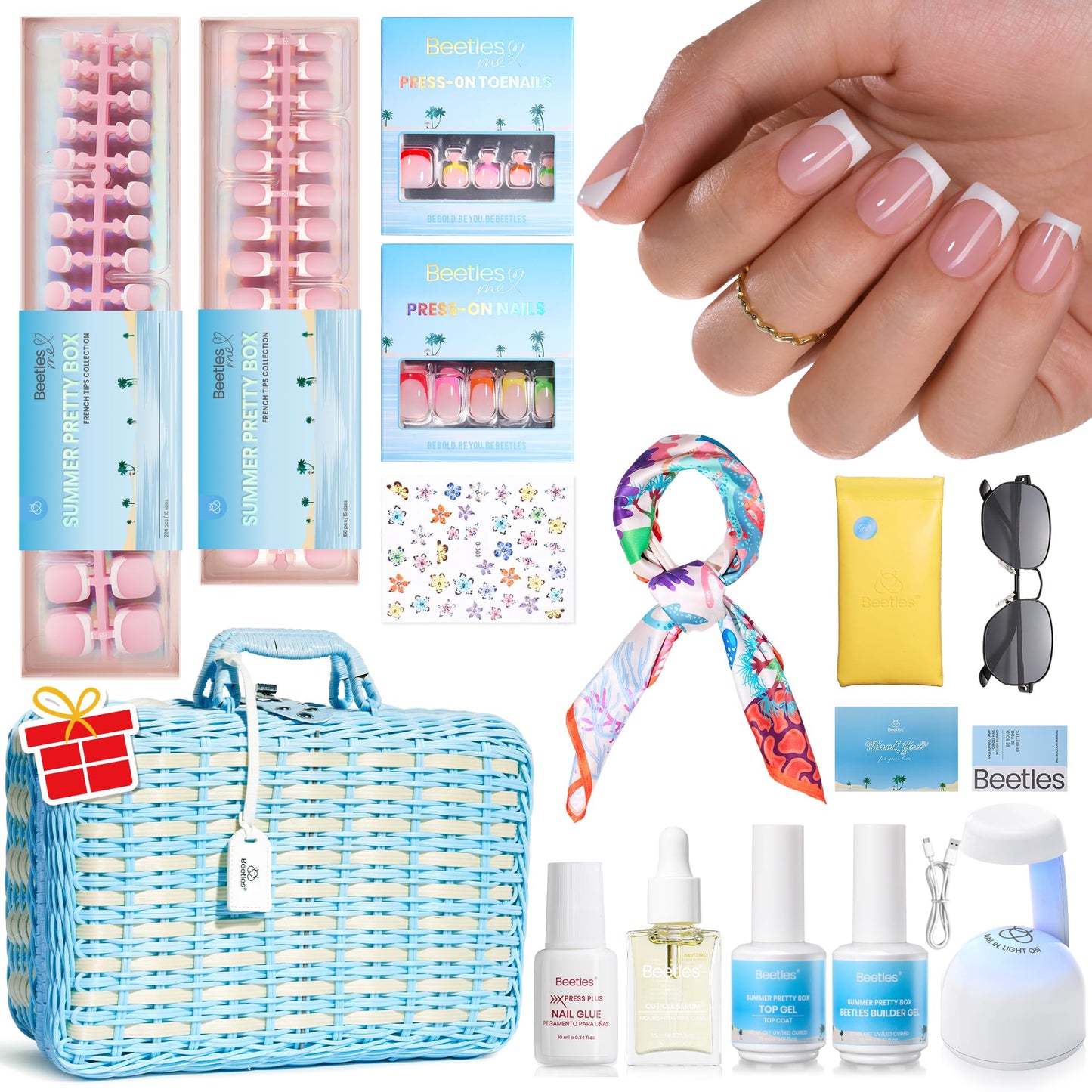 Beetles X Press Gel Nail Kit: Long Square French Tip Press On Nails Kit With 224Pcs Nail Tips Nail Glue & Builder Top Coat Mini UV Light, All-in-One DIY Designs Gift For Women At Home 16 Size