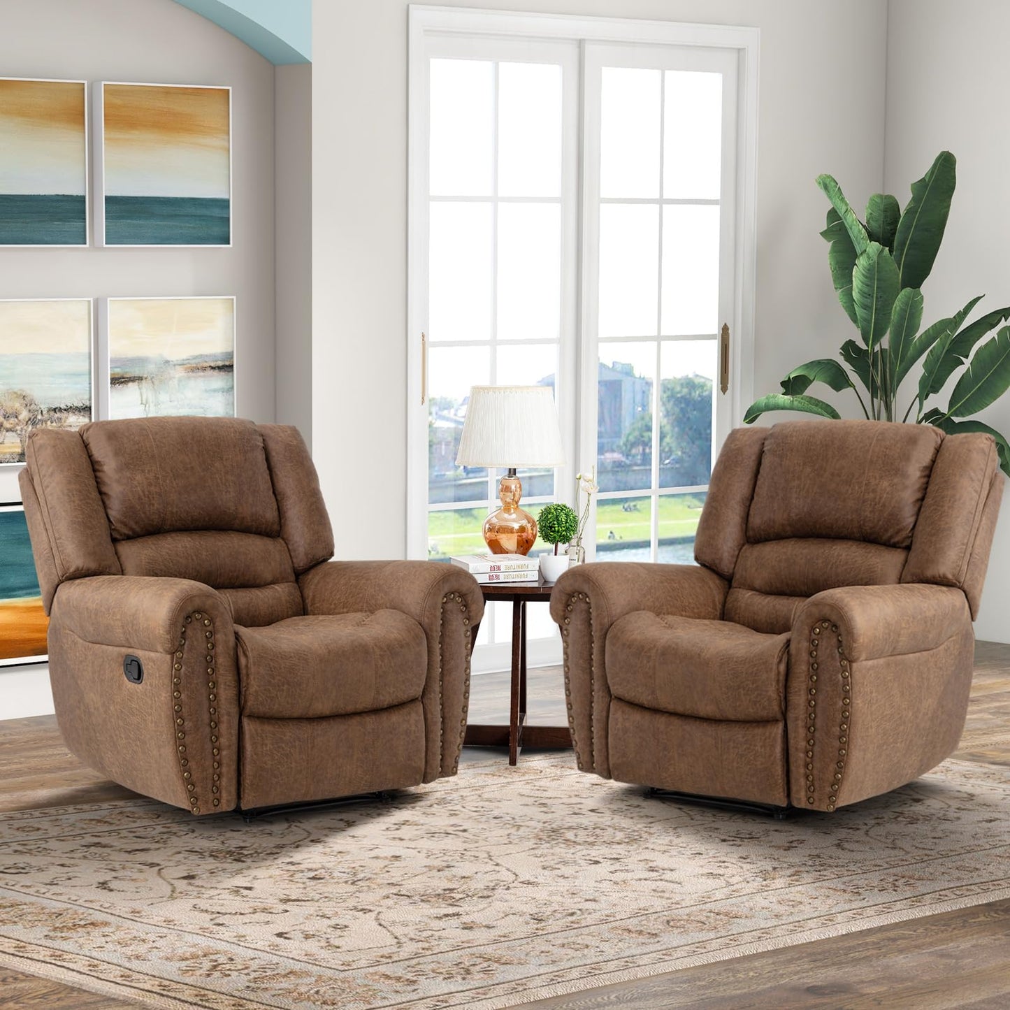 CANMOV Leather Recliner Chair Set of 2, Classic and Traditional Manual Recliner Chair with Comfortable Arms and Back,Manual Single Recliner Sofa for Living Room, Nut Brown