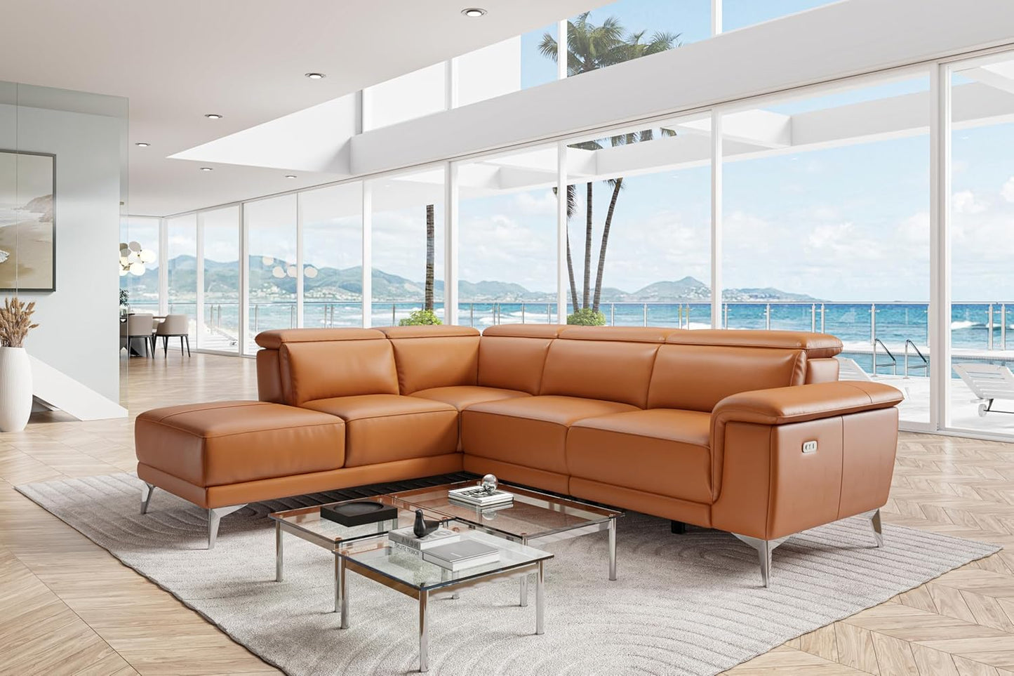 Valencia Pista Full Leather Left Chaise Sofa 112.5" | Italian Nappa Leather Modern Cloud Couch for Living Room/Apartment Furniture | Power Recliner, Ultimate Comfort, Cognac