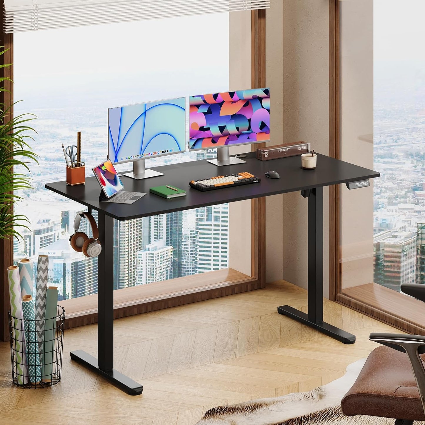 DEVAISE Electric Standing Desk, 55 X 28 Inches Adjustable Height Stand up Desk for Home Office, Large Ergonomic Sit to Stand Desk with Headphone Hook, 3 Memory Preset Computer Desk, Black
