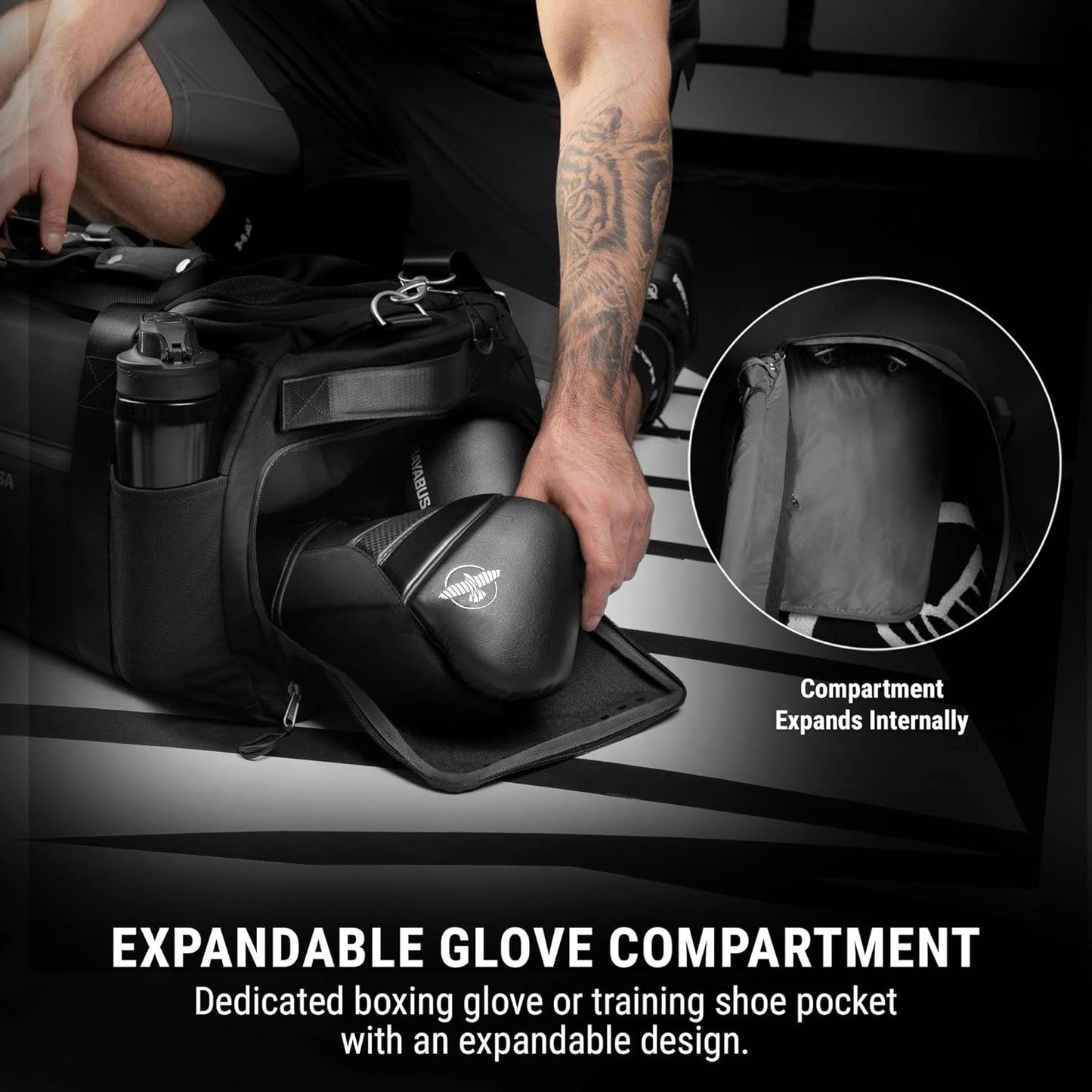 Hayabusa Airstream Athletic Duffle Gym Bag for Women and Men - Black, 50l duffle bag - 7 zippered Pockets, Good for travel, Boxing, MMA, BJJ, kickboxing, Muay Thai, wrestling, Glove/Shoe Compartment