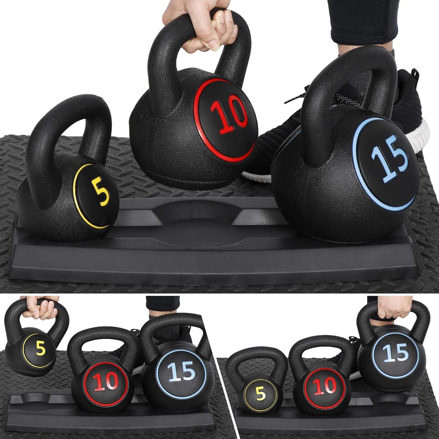 3-Piece Kettlebell Set with Storage Rack, Wide Grip Strength Training kettlebells, 5 lbs 10 lbs 15 lbs, Exercise Fitness Concrete Weight, Full Body HIIT Workout