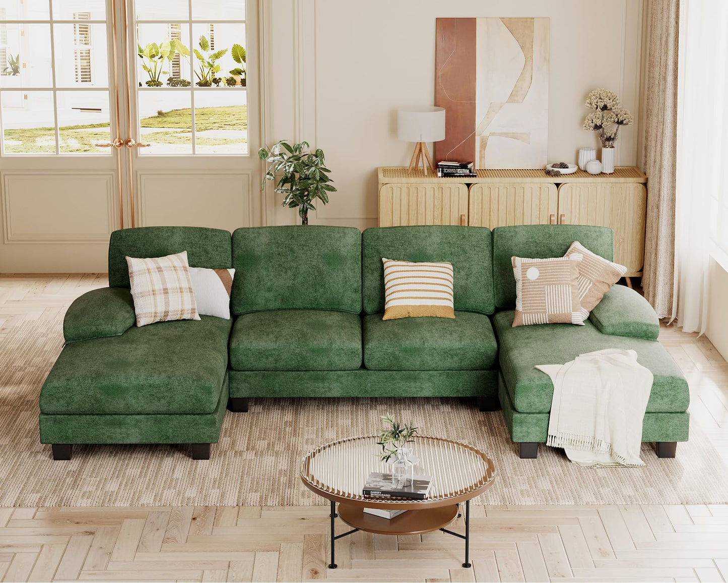 JUMMICO Sectional Couches for Living Room, U Shaped Couch with Chenille Fabric, 4 Seat Modern Sofa with Removable Pillows for Apartment and Small Space (Fabric, Grey)