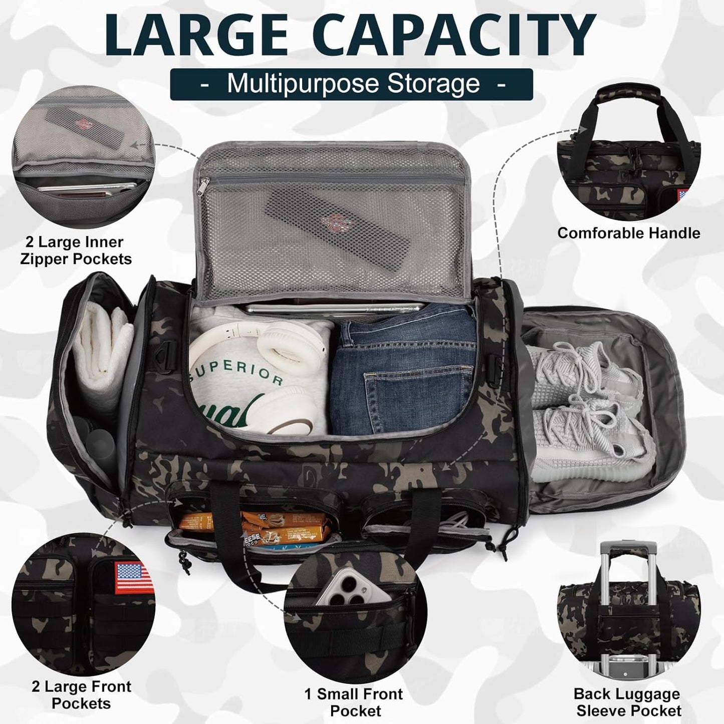 Tactical Gym Bag for Men,50L Large 3 in 1 Sports Duffle Bag with Shoes Compartment for Travel,Water Resistant Travel Backpack Weekender Overnight Bag with Wet Pocket for Women