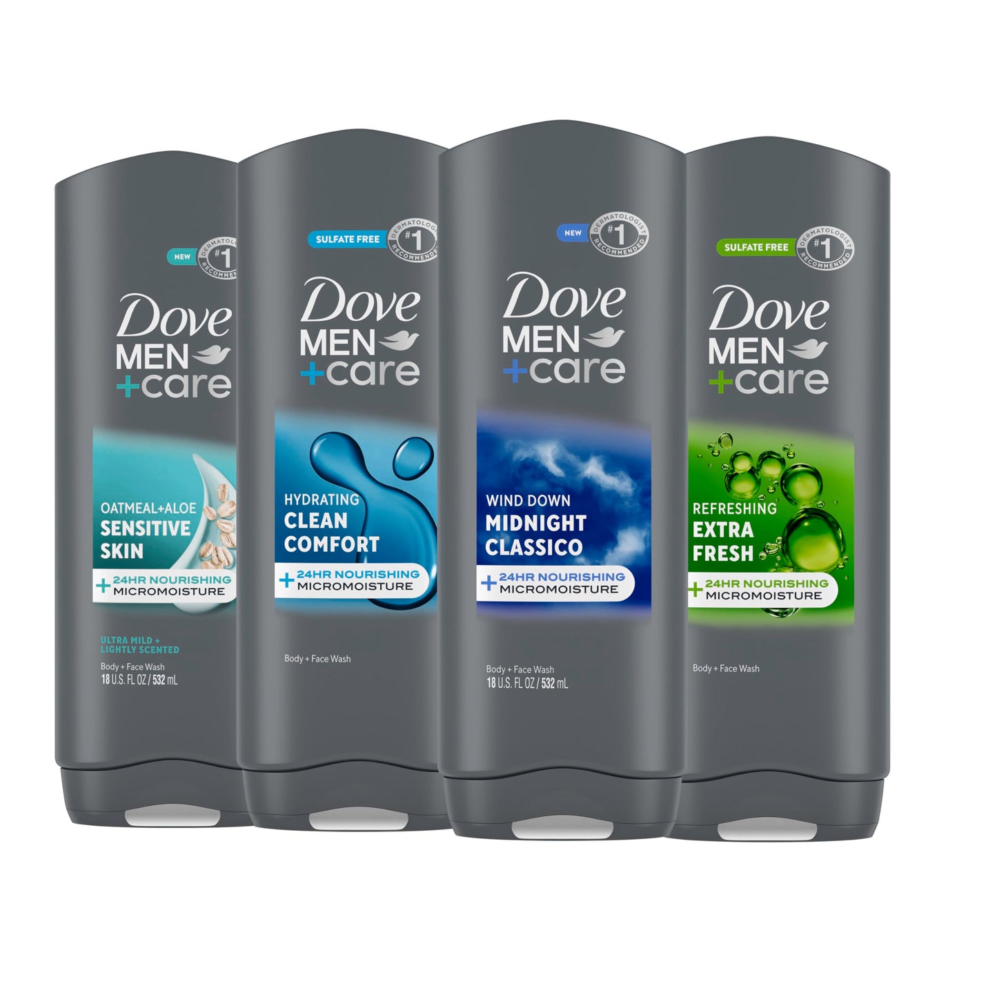 DOVE MEN + CARE Midnight Classico Body and Face Wash 4 Count for Calm, Replenished & Hydrated Skin