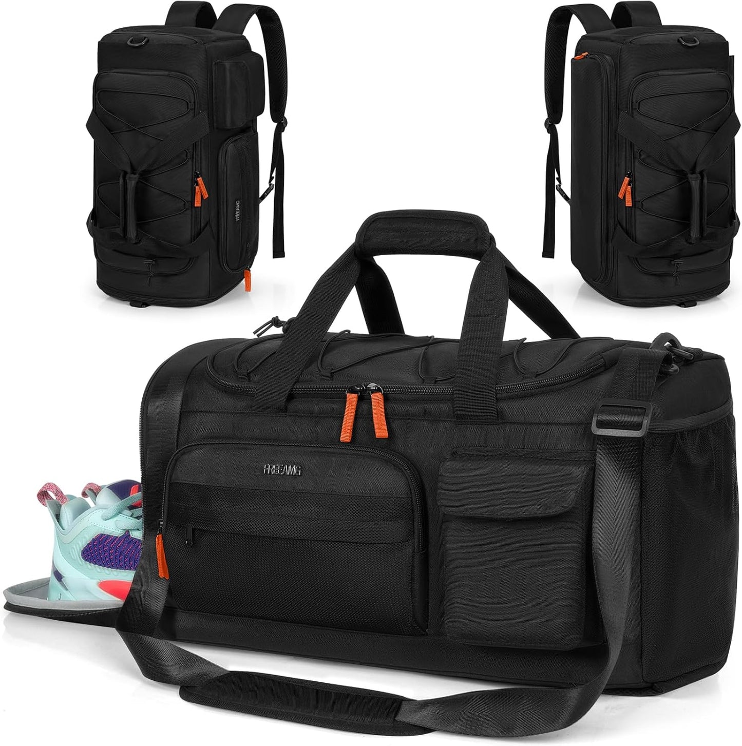 Gym Bag for Men Women, Water-resistant Sports Duffle Backpack, Travel Duffle Bag with Shoe Laptop Compartment, Weekender Overnight Carry On Backpack for Gym Travel (Black)