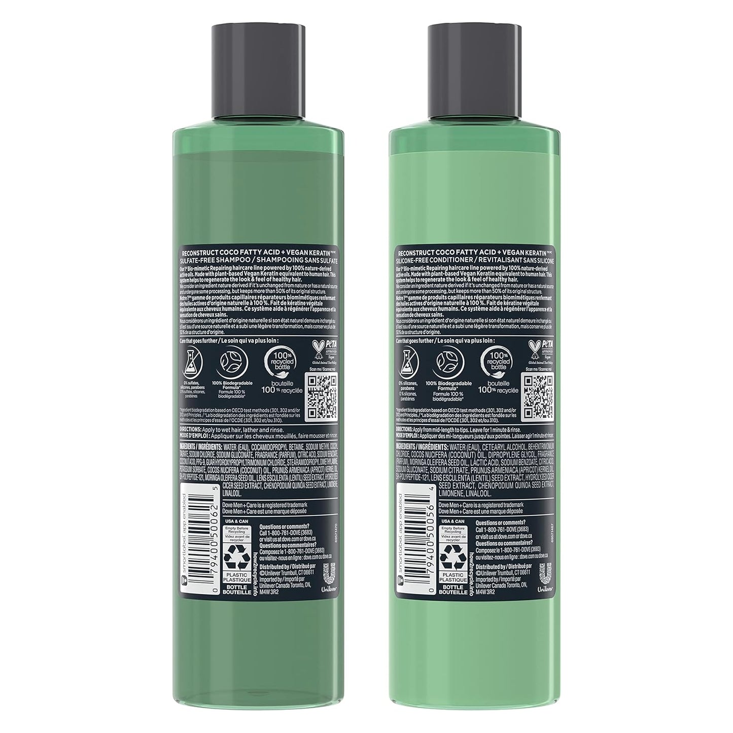 DOVE MEN + CARE Real Bio-Mimetic Care Shampoo & Conditioner Reconstruct 2 Count For Damaged Hair Sulfate Free Shampoo & Silicone-Free Conditioner with Coco Fatty Acid + Vegan Keratin 10 Oz