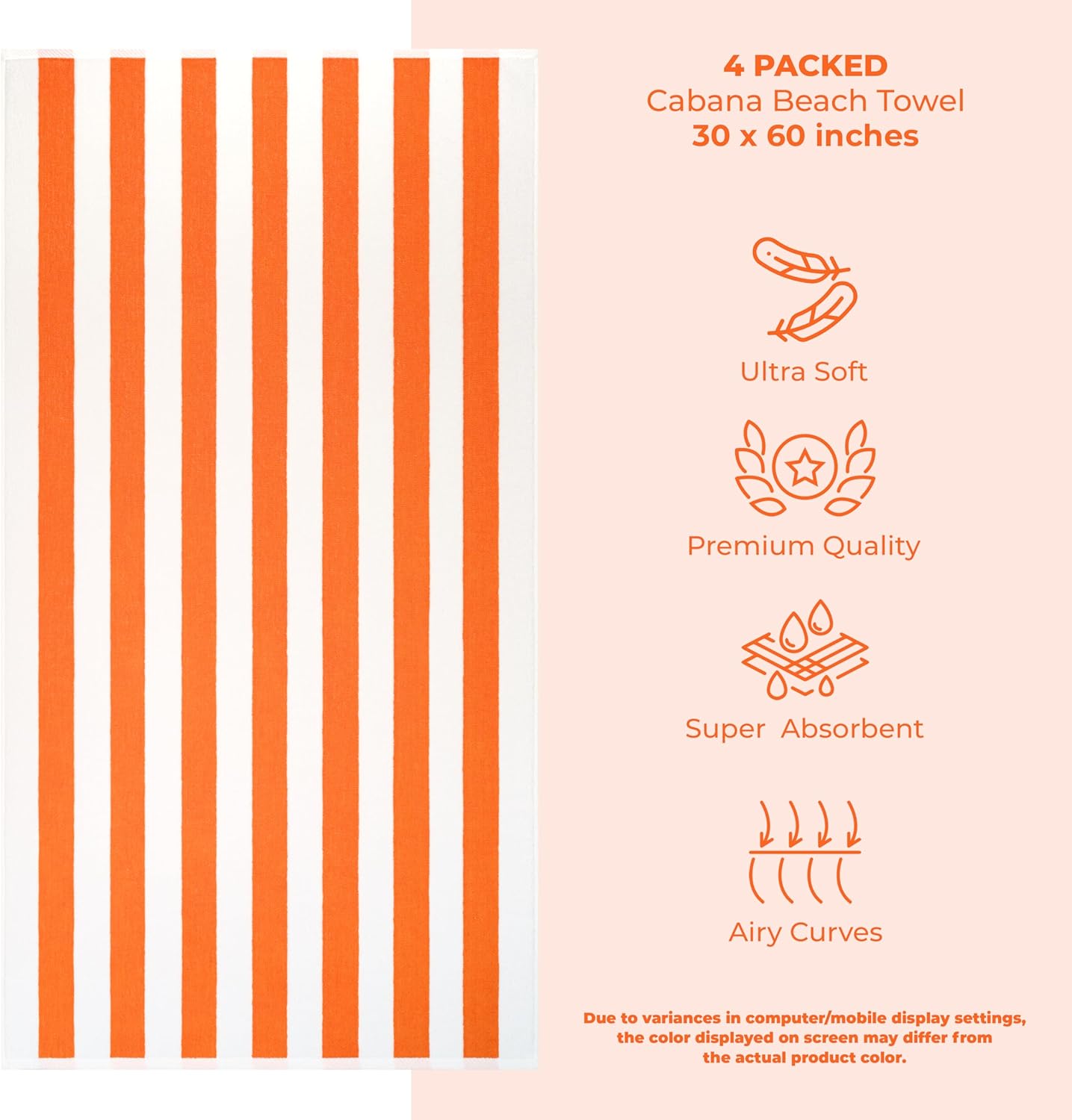 American Soft Linen Cabana Striped Beach Towels, 30x60 inch 4 Piece Oversize Pool Towels, Quick Drying Sand Free Swim Towels, Orange