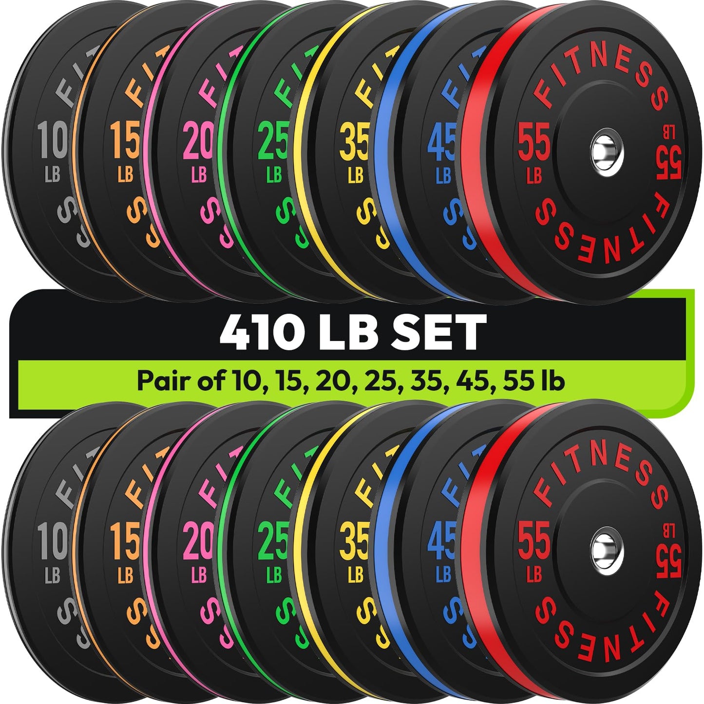 Colored Bumper Weight Plates Olympic Weight Plate Set 2-Inch, 10/15/20/25/35/45/55 lb Barbell Weight Plates Set for Home Gym, Rubber Strength Training Weights Plates for Weight Lifting