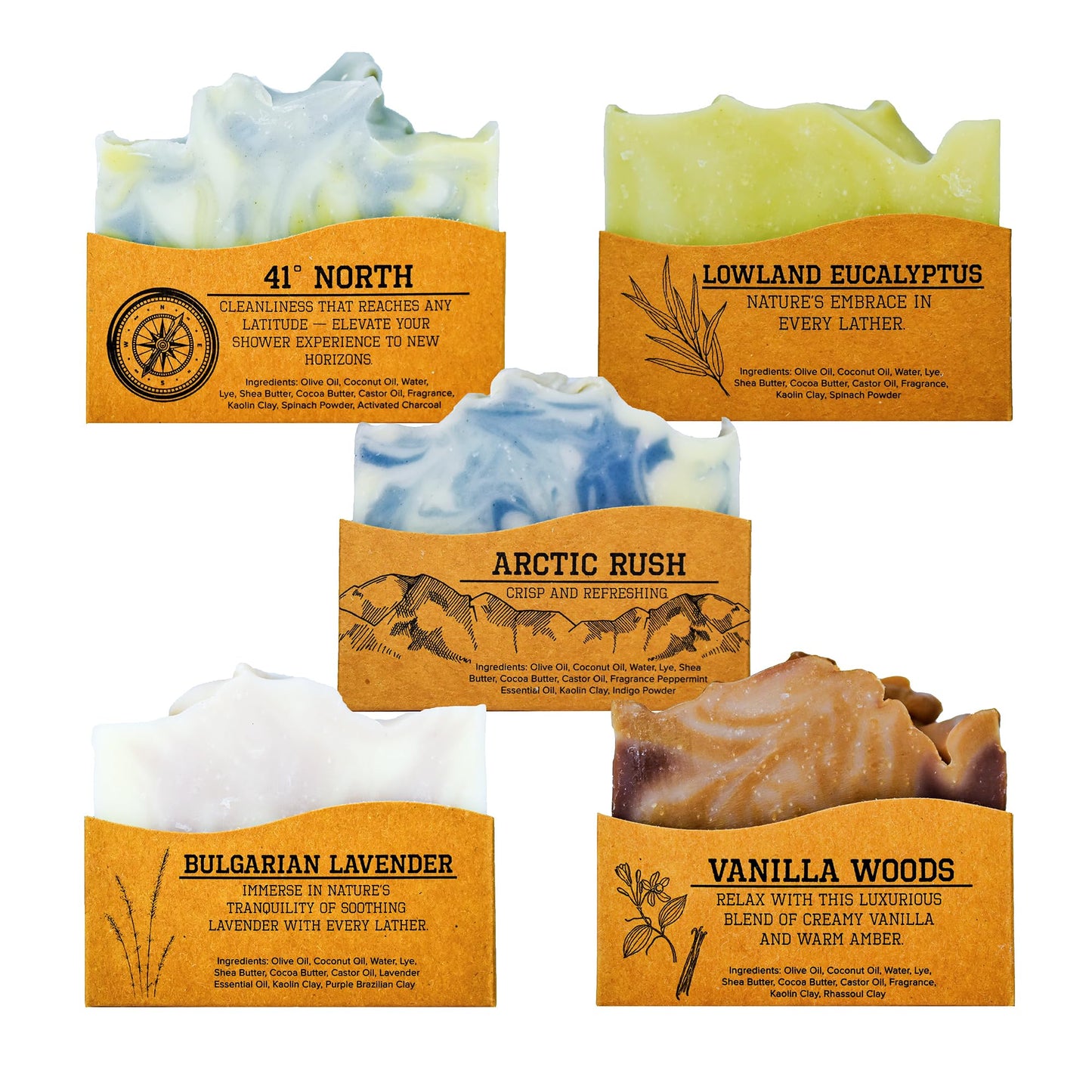 Compass Soap Natural Soap for Men | Skin-Friendly & Chemical-Free Hand Made Soap Bar Gift Set | Best Exfoliating and Cleansing Bar Soap for Men | 5 Oz. Variety Pack of 5