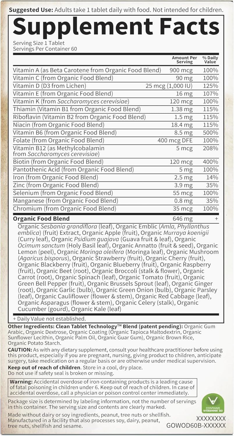 Garden of Life Multivitamin for Women - Organics Women's Once Daily Multi - 60 Tablets, Whole Food Multi with Iron, Biotin, Vegan Organic Vitamin for Women's Health, Energy Hair Skin and Nails