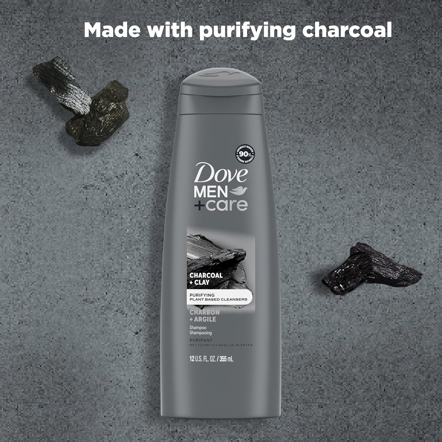 DOVE MEN + CARE Shampoo Charcoal + Clay for Healthy-Looking Hair Naturally Derived Plant Based Cleansers 12 oz