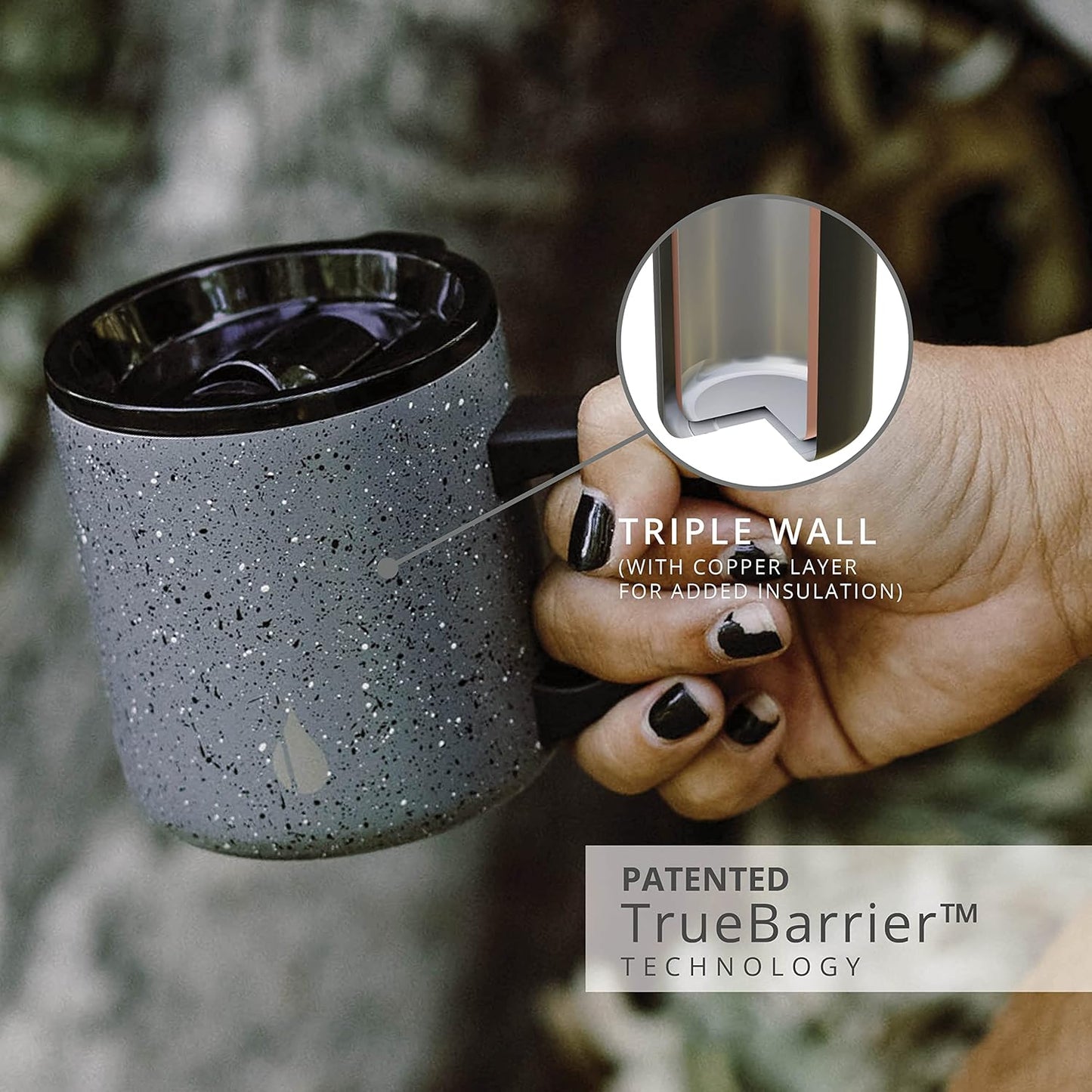 Elemental Insulated Coffee Mug - Triple-Wall Stainless Steel Summit Travel Cup for Hot and Cold Drinks - Thermal Coffee Mug with Lid and Handle for Camping, Office & Travel 12oz - Grey Speckle