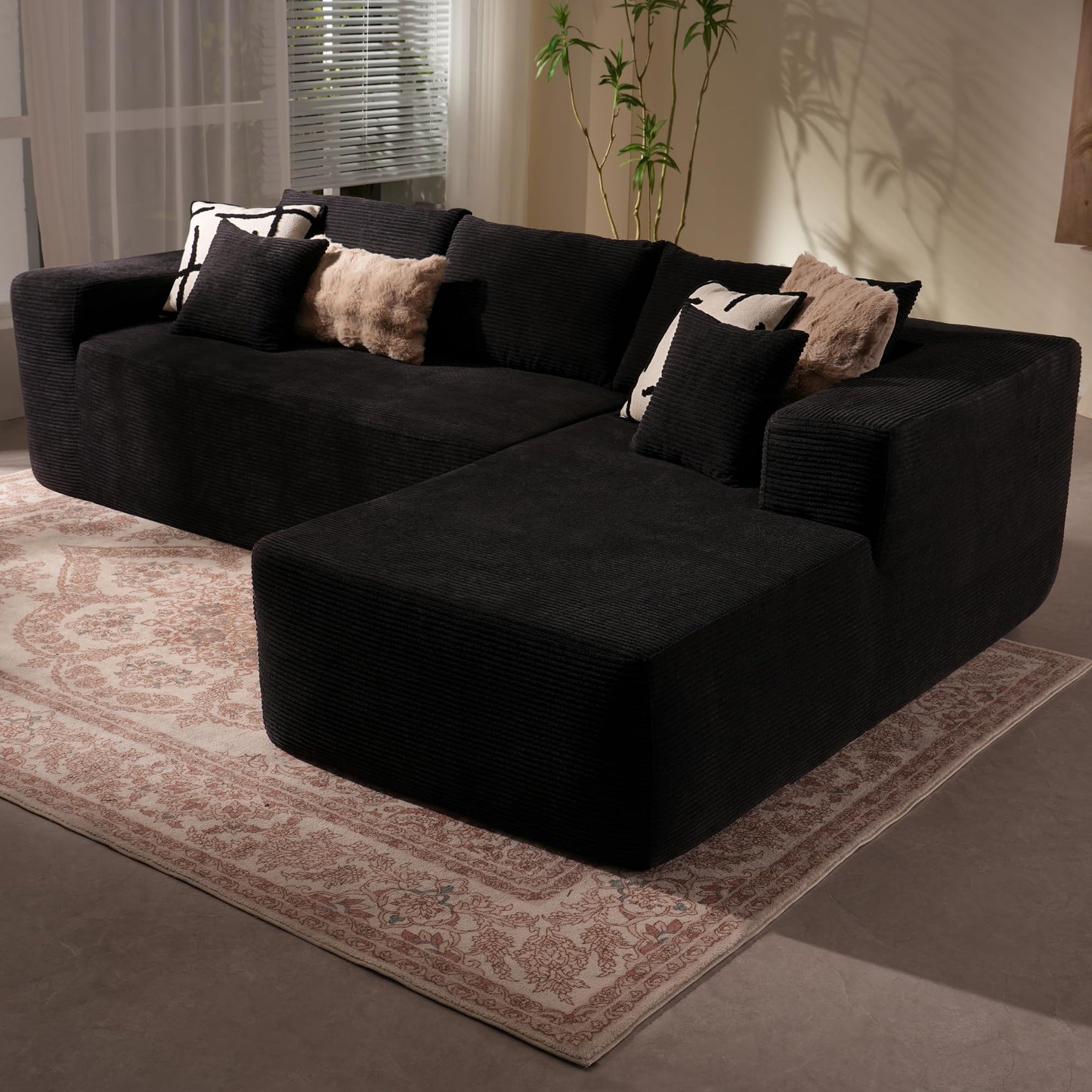 114" Boneless Couches for Living Room, Brown Faux Leather Cloud Sectional Couches with Chaise, Deep Seat L Shaped Modular Sofa, No Assembly Required Sofas in a Box (Right,Faux Leather,Brown)