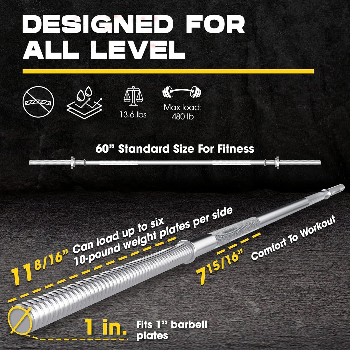 Yes4All 480LB Standard Straight Barbell 60" & EZ Curl Bar 47", Weight Bar 1" Diameter - Star Lock Collars & Rubber Ring for Deadlifts, Squats