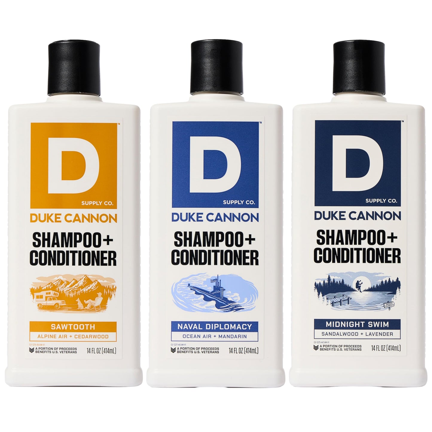 Duke Cannon Supply Co. 2-in-1 Hair Wash - Masculine Scent - Gentle Cleansing Hair Wash For Men - Stimulating Hair Shampoo & Conditioner - Tea Tree & Midnight Swim & Sawtooth- 3 Pack (14 oz)