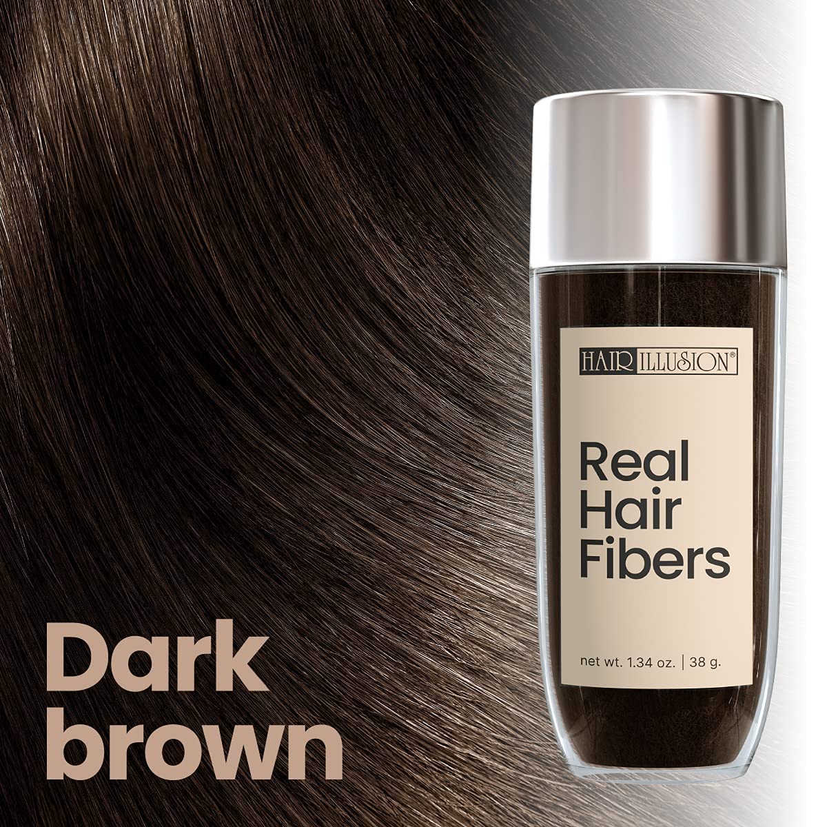 Hair Illusion Dark Brown Real Hair Fibers for Thinning Hair - 100% Natural Texture, Non Synthetic Hair Fibers - Bald Spot Cover Up for Women & Men - 38 Gram