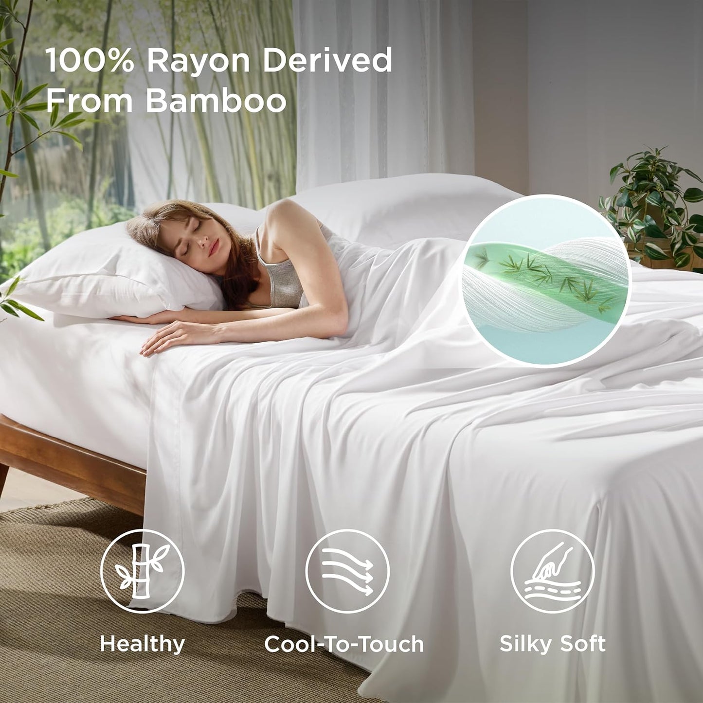 Bedsure King Size Sheet Set, Cooling Sheets King, Rayon Derived from Bamboo, Deep Pocket Up to 16", Breathable & Soft Bed Sheets, Hotel Luxury Silky Bedding Sheets & Pillowcases, White