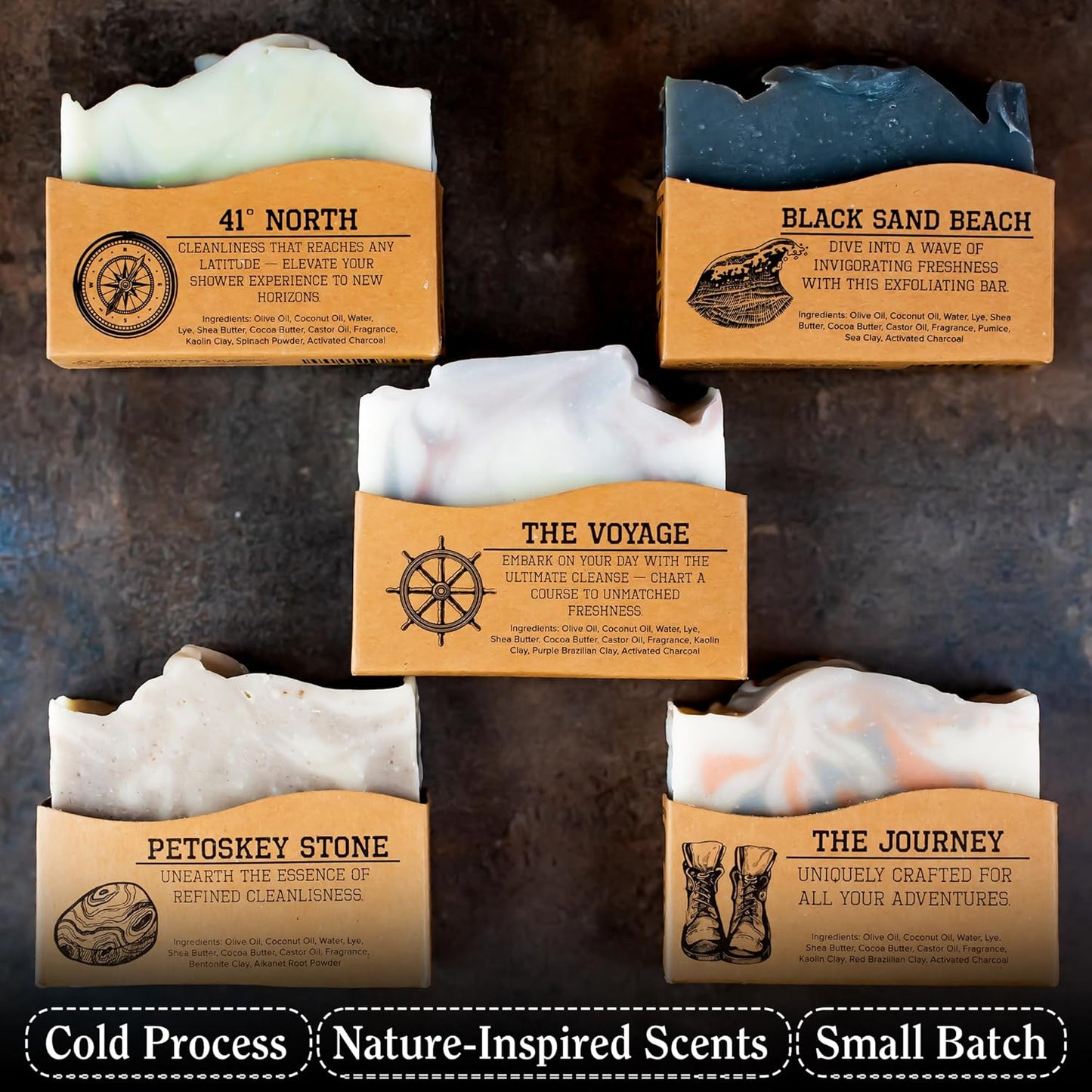 Compass Soap Natural Soap for Men | Skin-Friendly & Chemical-Free Hand Made Soap Bar Gift Set | Best Exfoliating and Cleansing Bar Soap for Men | 5 Oz. Variety Pack of 5