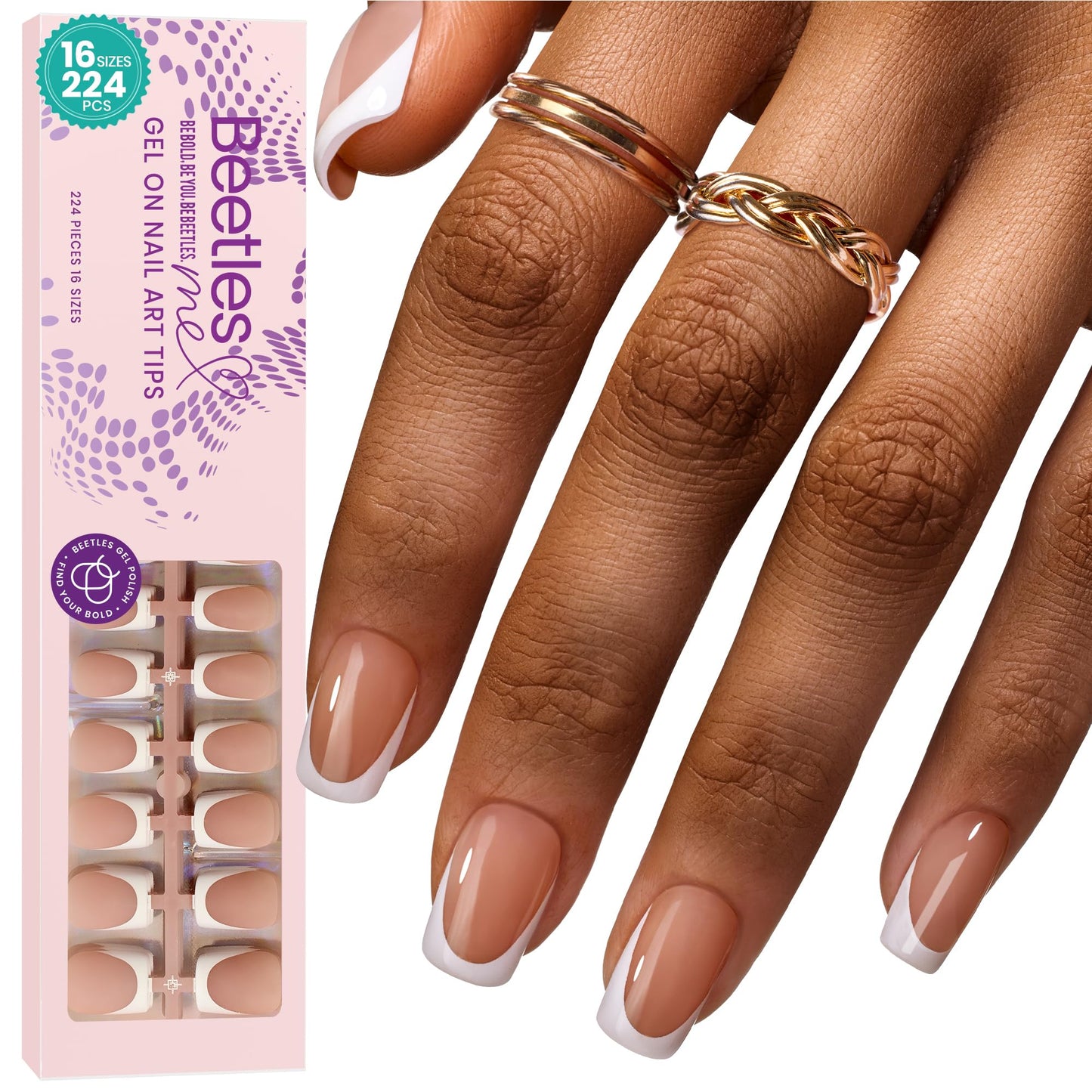 Beetles X Press Gel Nail Kit: Long Square French Tip Press On Nails Kit With 224Pcs Nail Tips Nail Glue & Builder Top Coat Mini UV Light, All-in-One DIY Designs Gift For Women At Home 16 Size