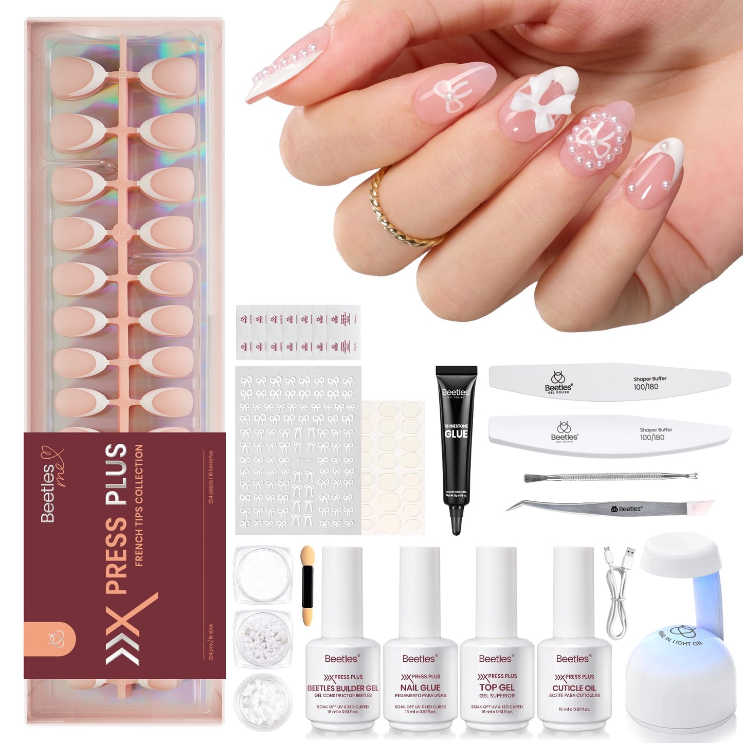 Beetles X Press Gel Nail Kit: Long Square French Tip Press On Nails Kit With 224Pcs Nail Tips Nail Glue & Builder Top Coat Mini UV Light, All-in-One DIY Designs Gift For Women At Home 16 Size