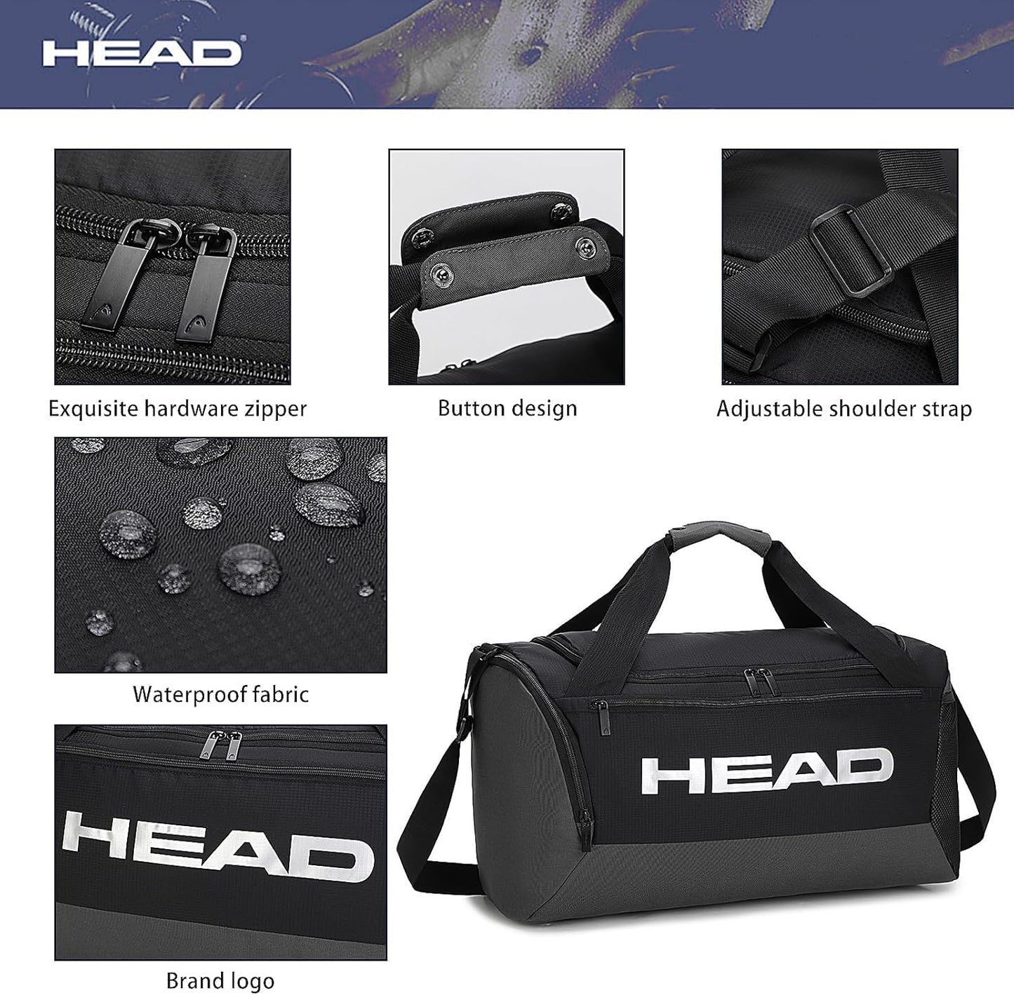 HEAD 45L Waterproof Tennis Duffel Bag for Men, Large Capacity Sports Gym Bags with Shoes Compartment, Lightweight Crossbody Duffle Bag for Business/Workout/Fitness/Weekender/Overnight