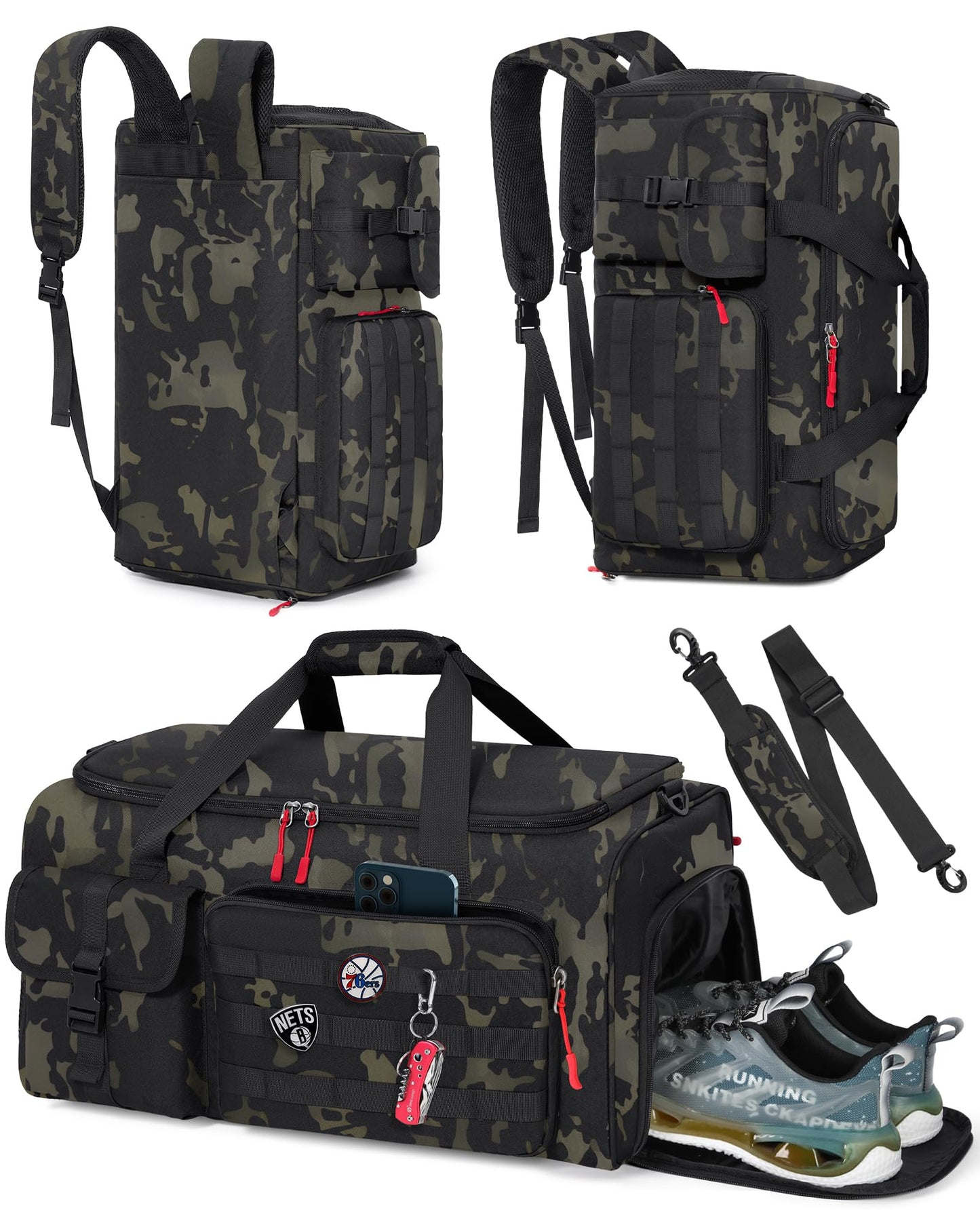 RAINSMORE Gym Bag for Men, 45L Sports Travel Duffel Bag with Shoe & Laptop Compartment, Gym Workout Backpack Carry On Weekender Bag Overnight Backpack for Travel, Black