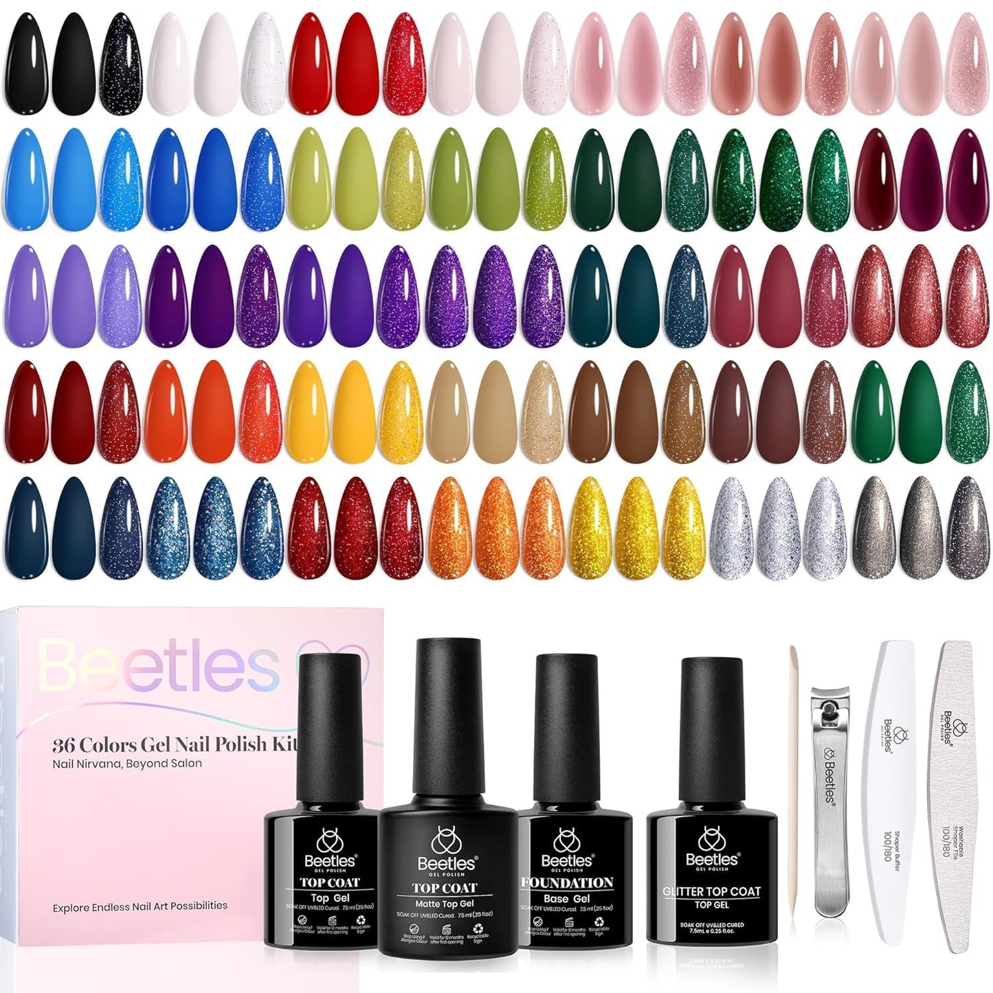 Beetles 110 PCS Gel Nail Polish Set, 100 Colors Infinite Inspiration All Season Red Brown Green Black Gel Polish with 5Pcs Base Top Coat Soak off UV Gel for Manicure Lovers DIY at Home Gifts for Women