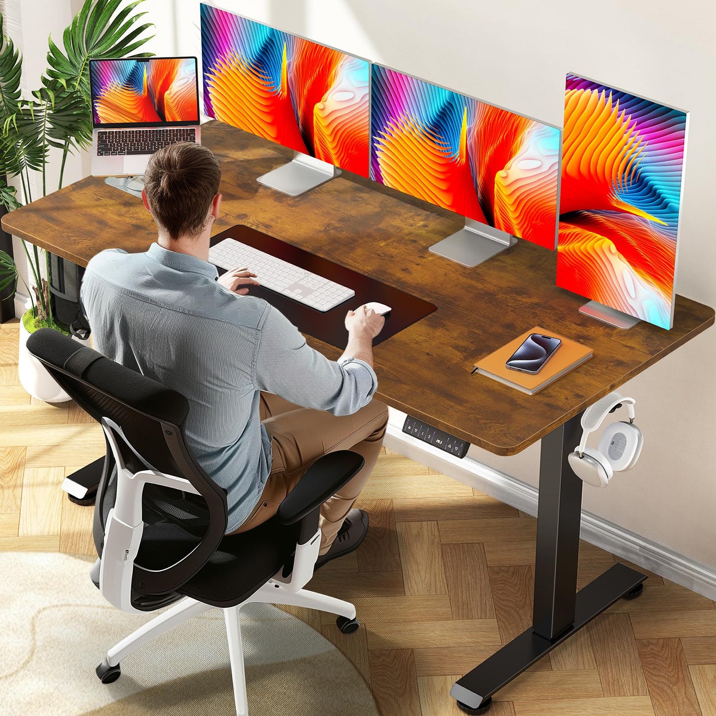 Veken 47.2" Standing Desk Electric, Height Adjustable Sit Stand Up, Wood Desktop, Work Home Office, Computer PC Table, Writing Rising Desks, Brown