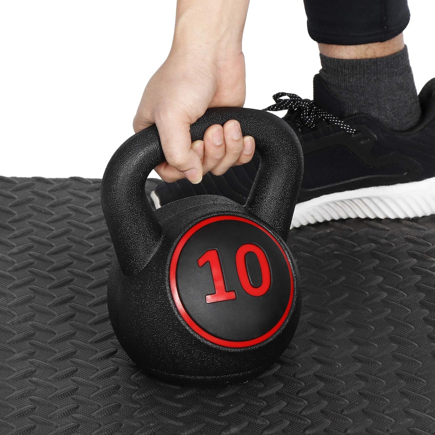 3-Piece Kettlebell Set with Storage Rack, Wide Grip Strength Training kettlebells, 5 lbs 10 lbs 15 lbs, Exercise Fitness Concrete Weight, Full Body HIIT Workout