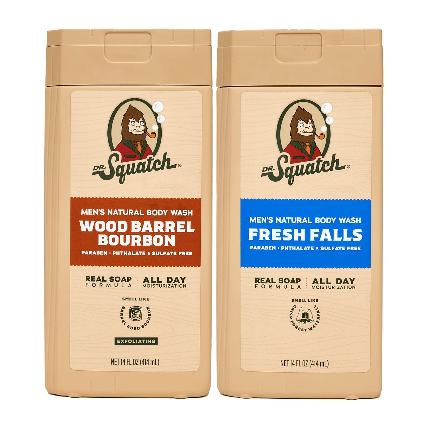Dr. Squatch NEW Body Wash for Men with Nourishing, Natural Ingredients | No Paraben, Phthalate, Sulfate | All Day Moisture | Long Lasting Scent | Coconut Castaway & Wood Barrel Bourbon (14 oz, 2-Pack)