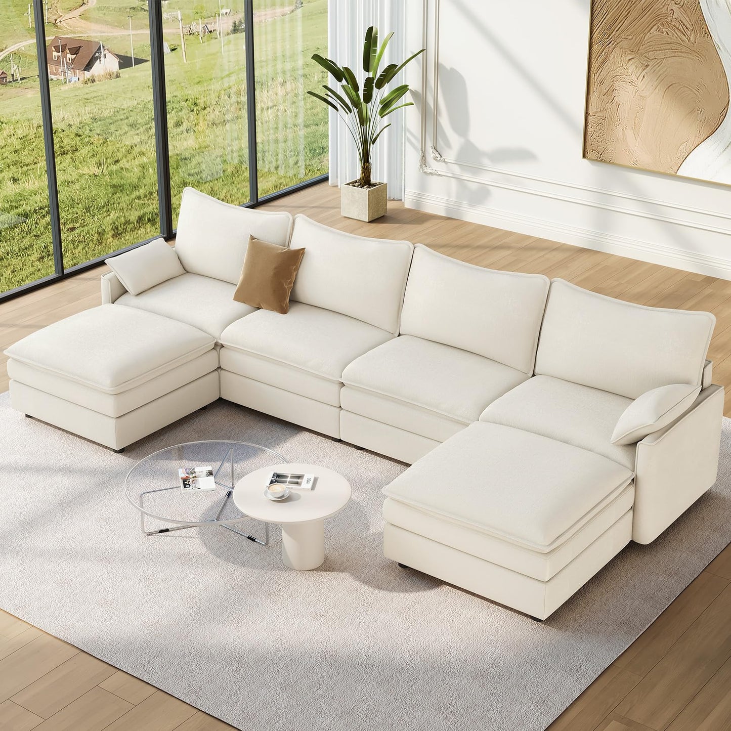 Vesgantti 108" Modular Sectional Sofa, Comfy Cloud Couch with Movable Ottoman Deep Seat Chenille L Shaped Modular Sofa, Sectional Couches for Living Room, Bedroom and Apartment, Beige