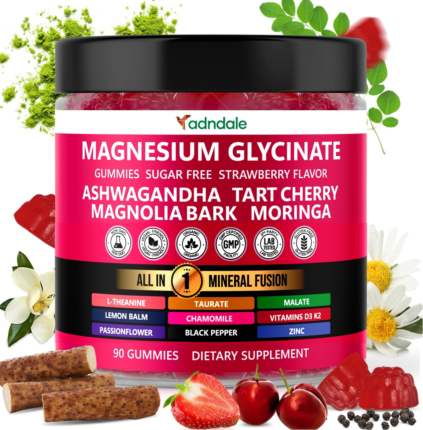 Adndale 90 CT Magnesium Glycinate Gummies 400 mg/Serv with Ashwagandha, Magnesium Malate & Taurate, Sugar Free Chews for Adults & Kids Relaxation, Stress Relief, Night Rest, Muscle & Cardio Support