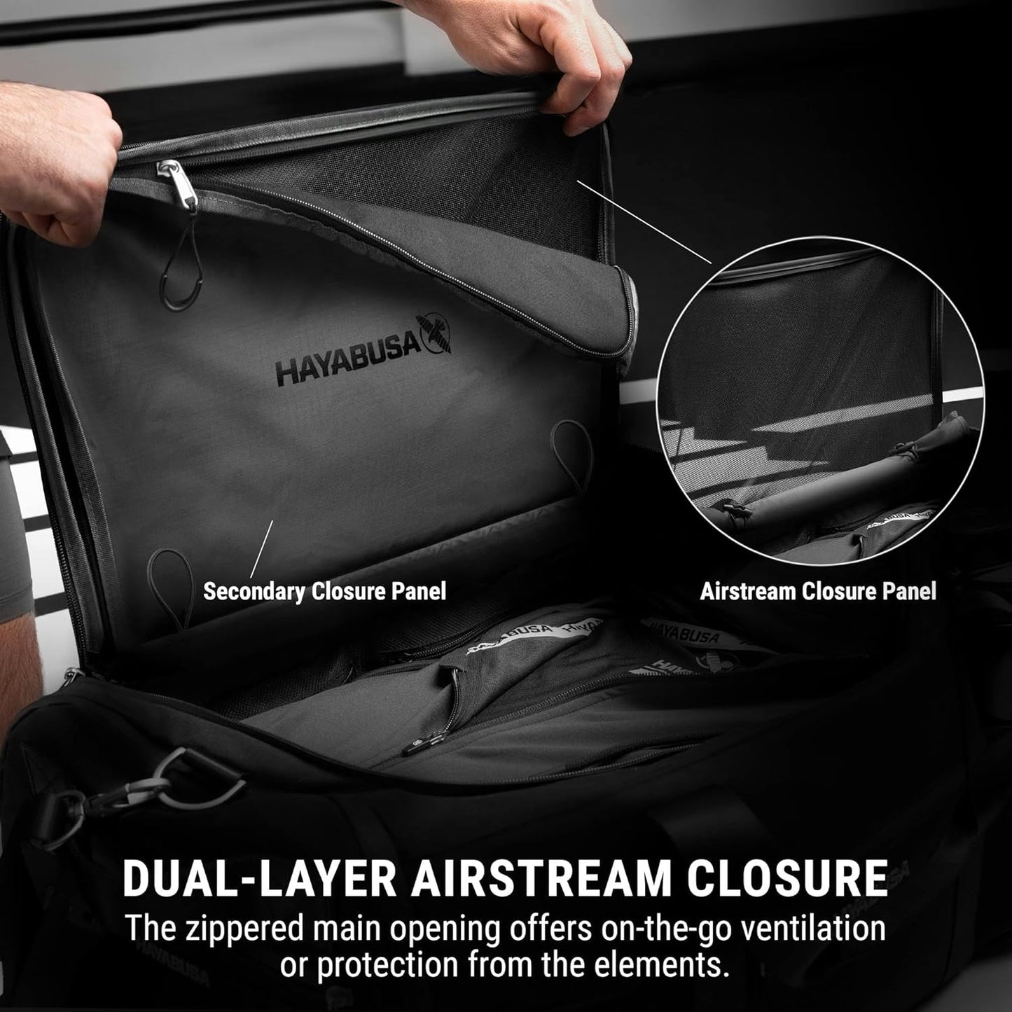 Hayabusa Airstream Athletic Duffle Gym Bag for Women and Men - Black, 50l duffle bag - 7 zippered Pockets, Good for travel, Boxing, MMA, BJJ, kickboxing, Muay Thai, wrestling, Glove/Shoe Compartment
