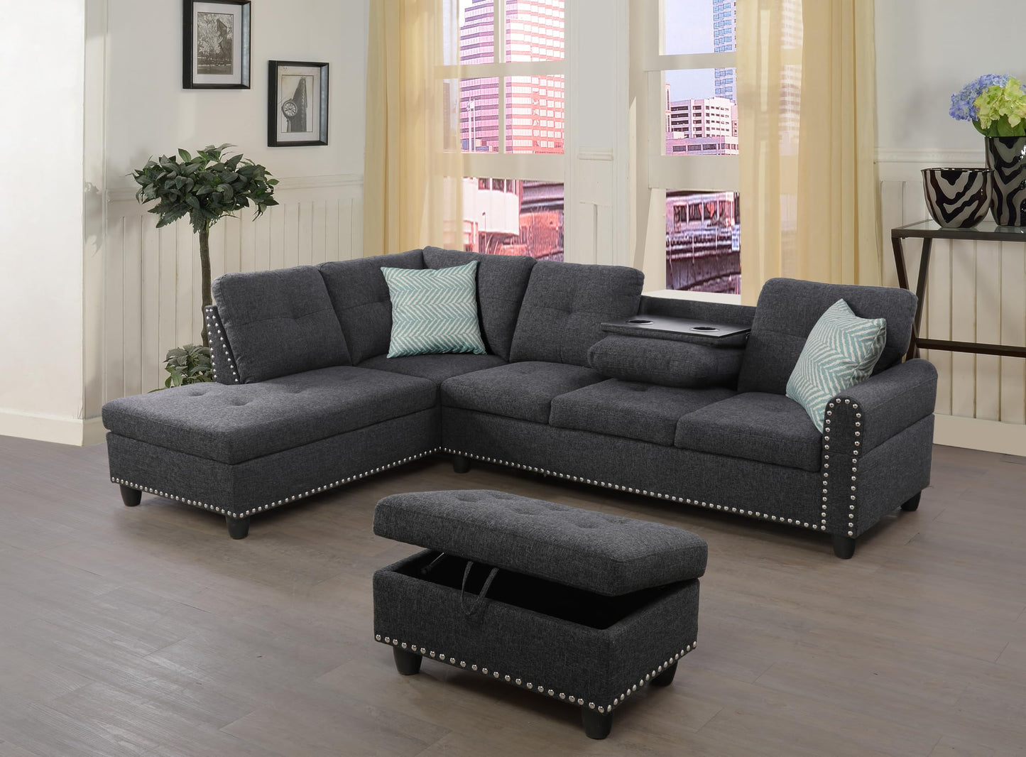 Sectional Sofa Couch, Modern 4-Seaters Living Room Furniture Sets with Chaise Lounge, Ottoman & 2 Pillows | L Shape Couch | Cup Holder | Faux PU Leather, Black