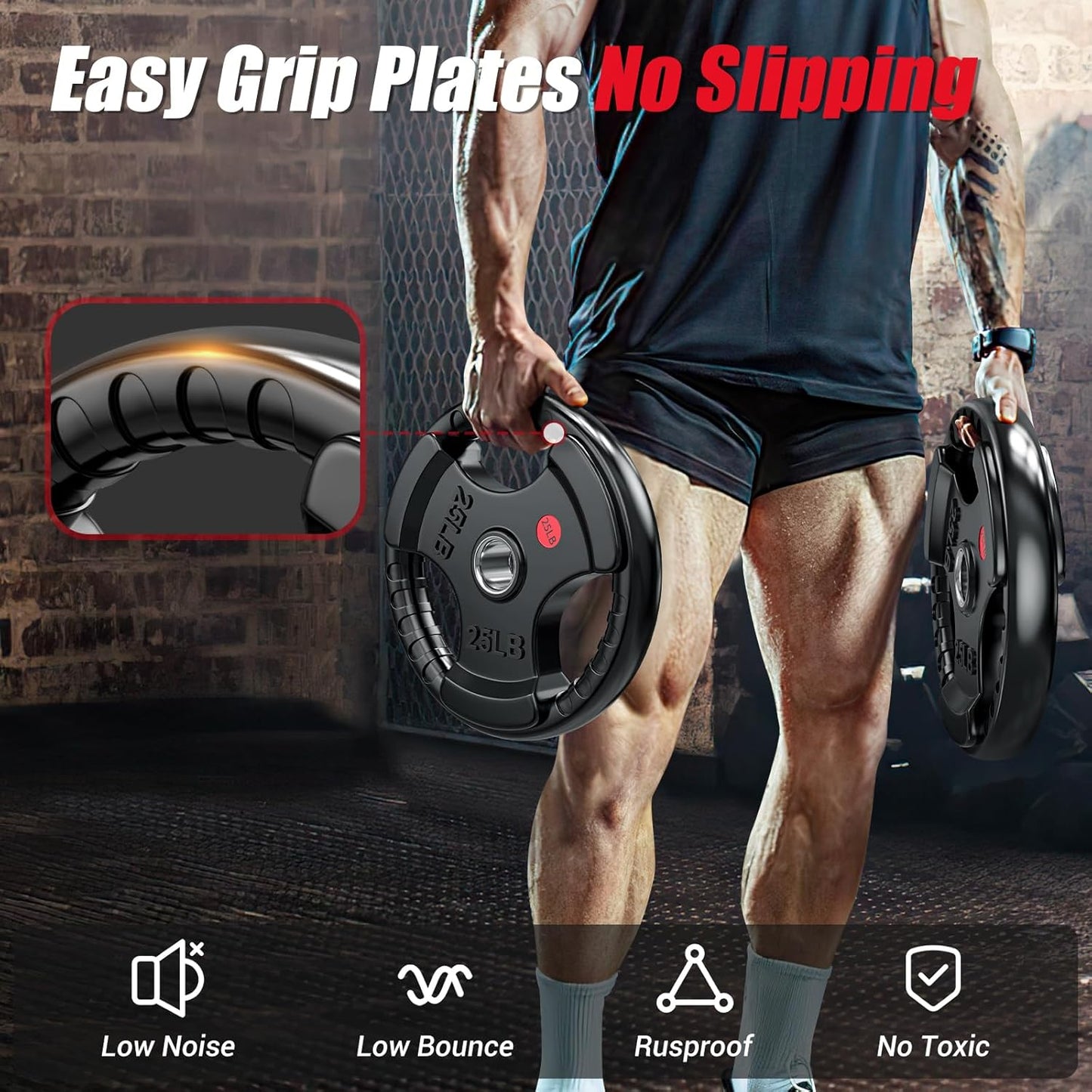 GIKPAL 2-inch Rubber Olympic Grip Weight Plates for Strength Training, Weightlifting in Home & Gym, Barbell Weights Plates Set (2.5/5/10/25/35/45 LB)