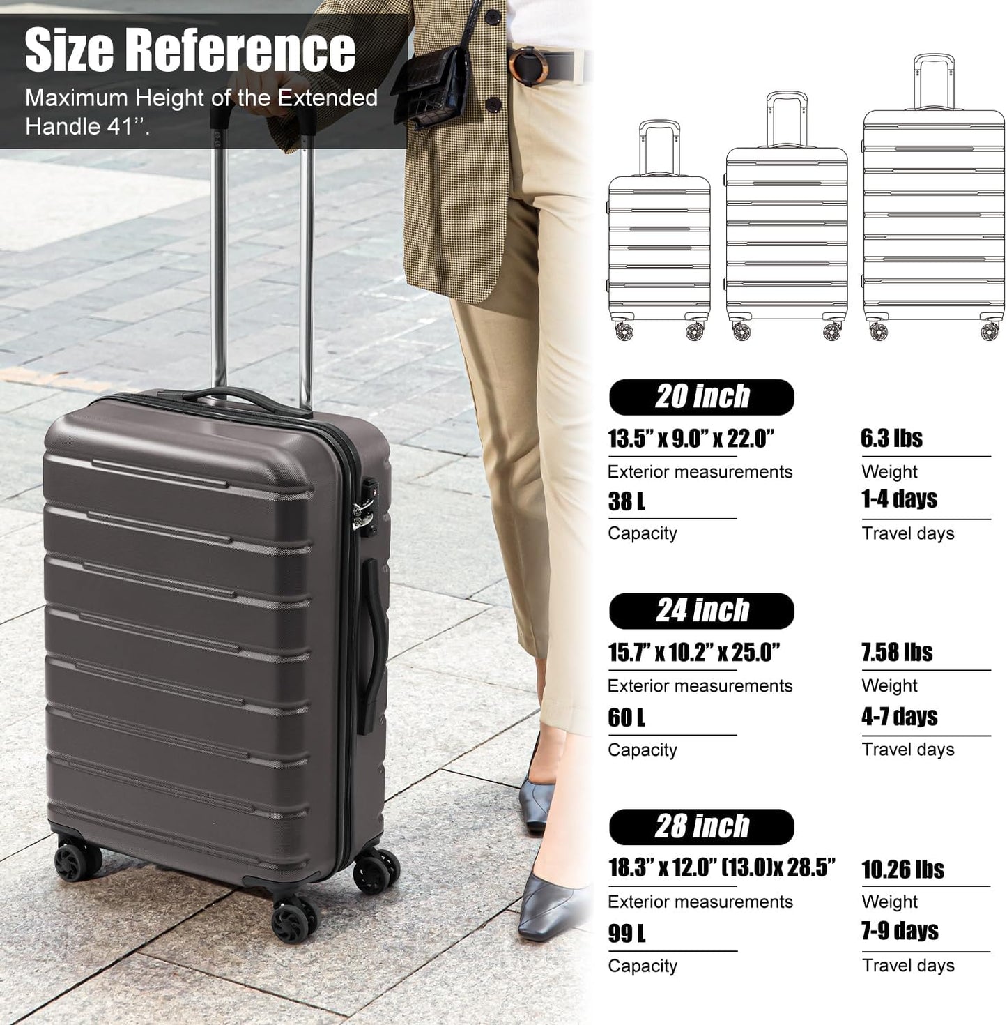 Coolife Luggage Suitcase Carry-on Spinner TSA Lock USB Port Expandable (only 28’’) Lightweight Hardside Luggage (Ice Blue, 3 piece set)