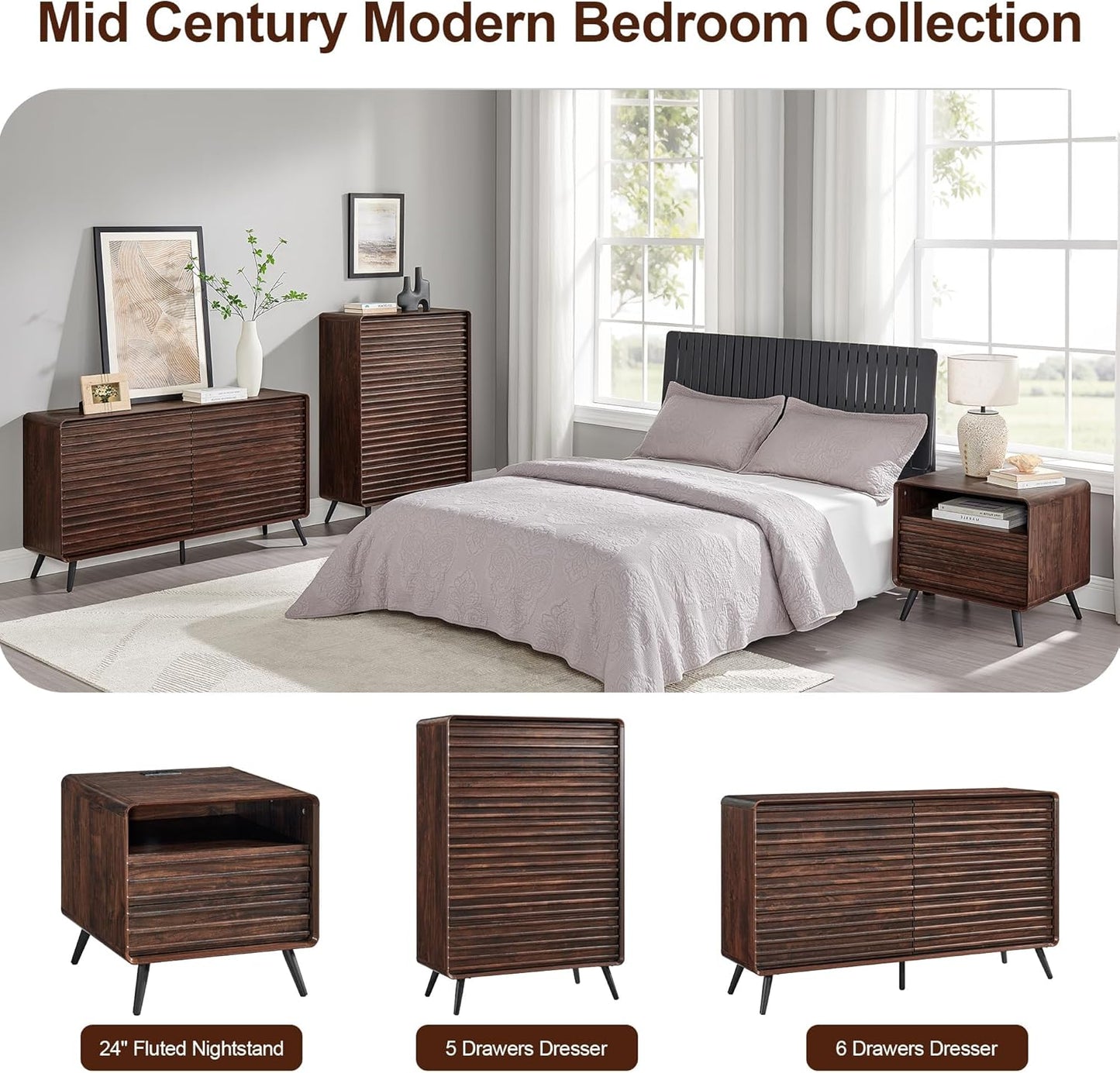 RedLemon 6 Drawers Dresser for Bedroom, 54'' Wide Mid Century Modern Wood Fluted Double Dresser, Chest of Drawers with Tapered Leg for Bedroom, Living Room, Hallway, Closet, Dark Walnut