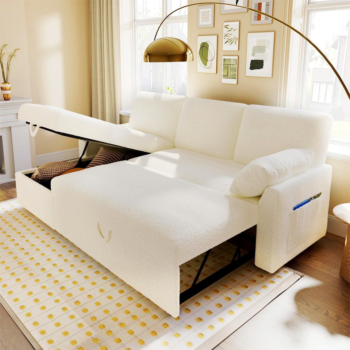 VanAcc Sleeper Sofa, Sofa Bed- 2 in 1 Pull Out Couch Bed with Storage Chaise, Sleeper Couch for Living Room, Grey Linen