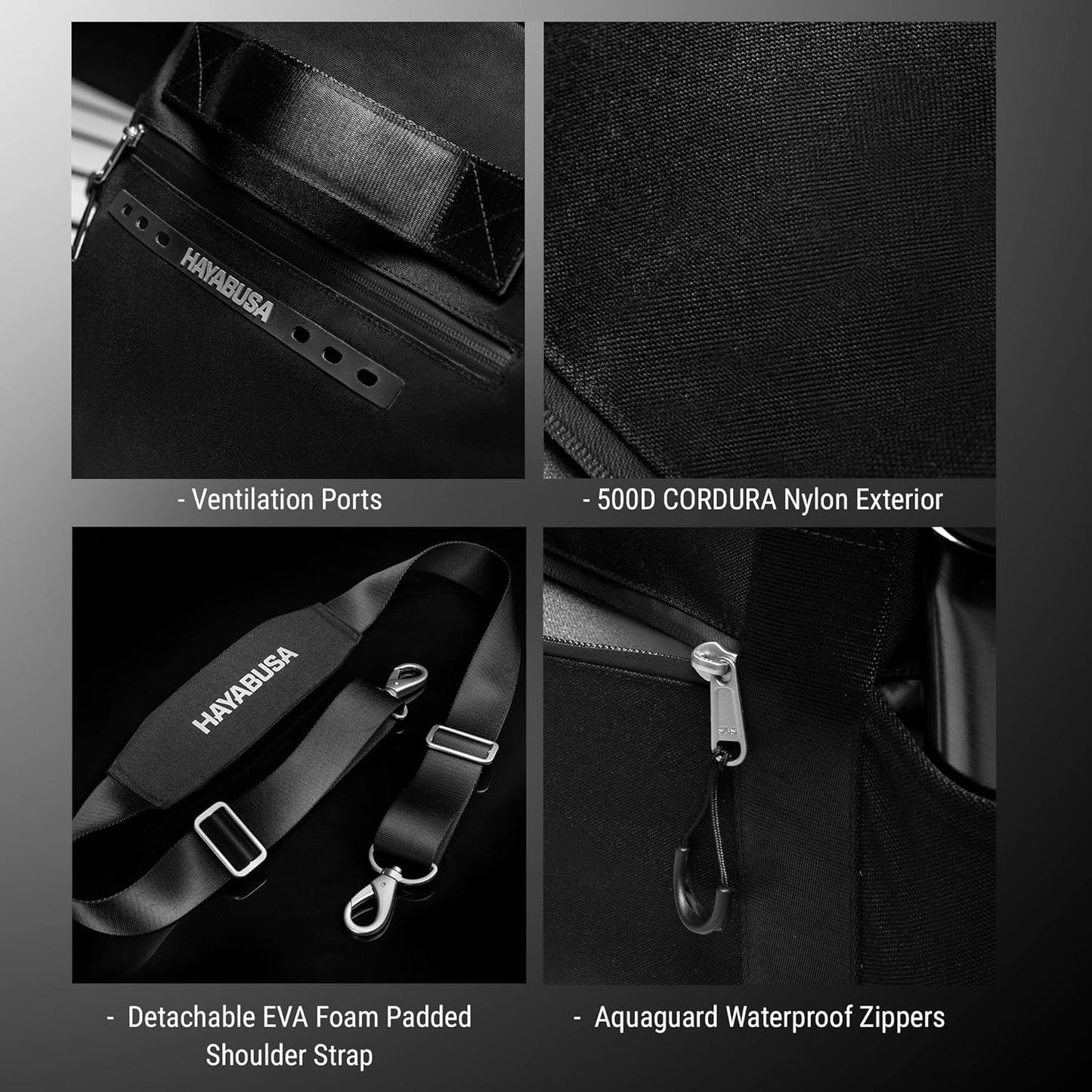 Hayabusa Airstream Athletic Duffle Gym Bag for Women and Men - Black, 50l duffle bag - 7 zippered Pockets, Good for travel, Boxing, MMA, BJJ, kickboxing, Muay Thai, wrestling, Glove/Shoe Compartment