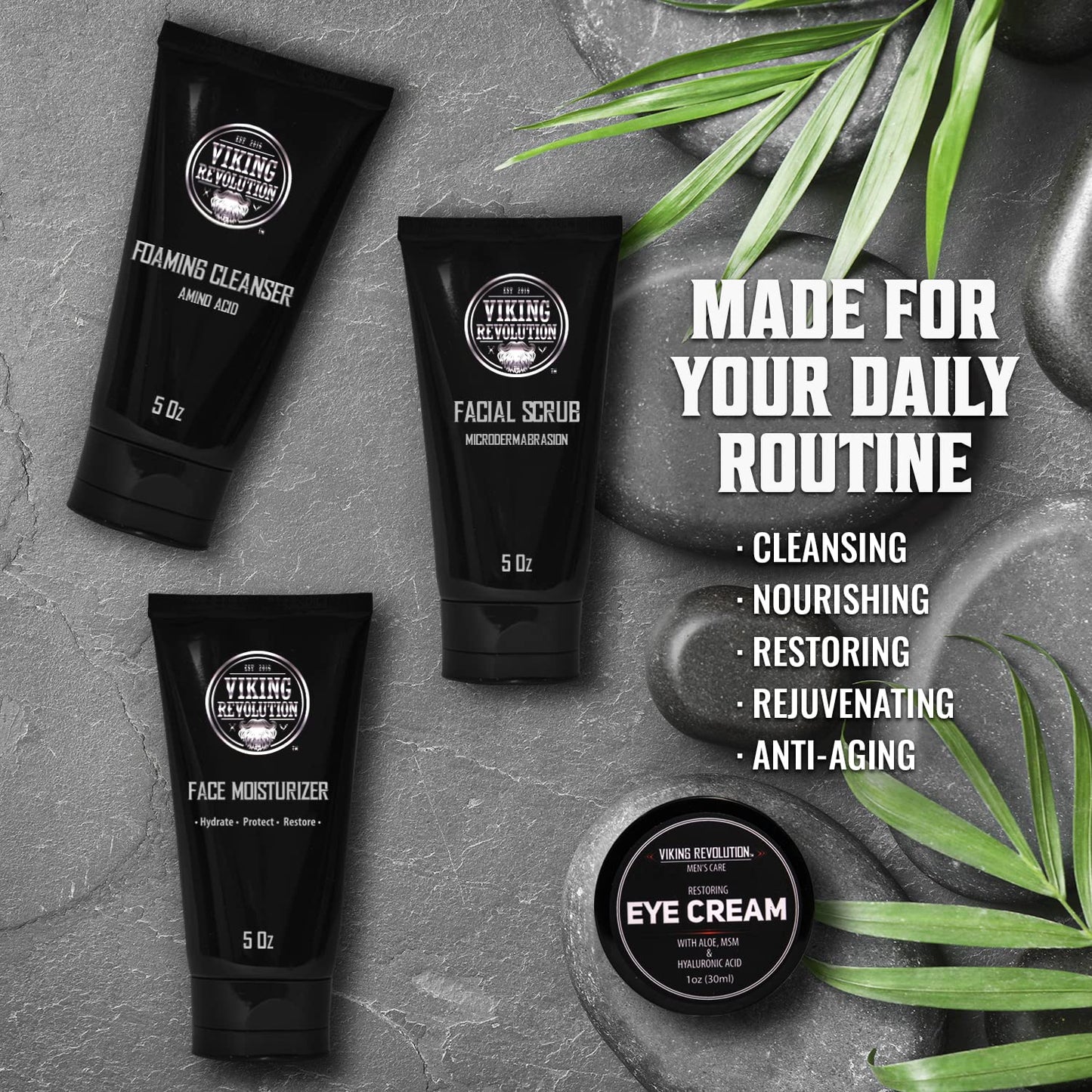 Viking Revolution Mens Facial Skin Care Kit - Includes Rejuvenating Face Moisturizer (5oz) Microdermabrasion Facial Scrub (5oz) Foaming Cleanser (5oz) Eye Cream (1oz)