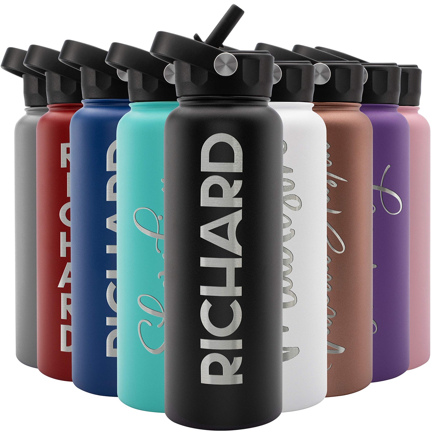 Amazing Items Personalized Water Bottle w/Straw & Lid, 32 oz - Navy Blue | Custom Stainless Steel Sports Water Bottle w/Name and Text - Double Wall, Vacuum Insulated - Rotating Handle