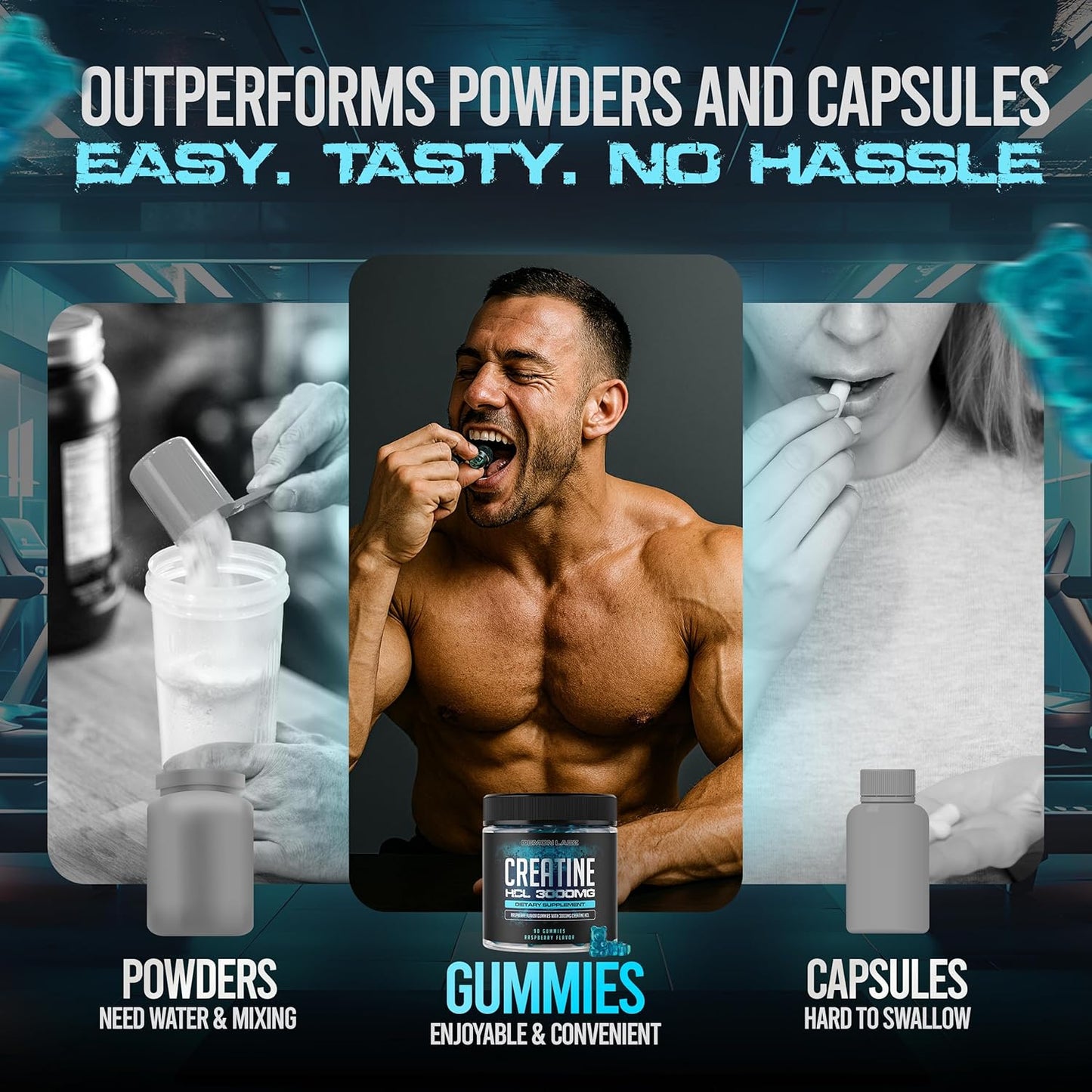 Creatine HCL 3000mg Per Serving - Raspberry Flavour - Vegan Gummies (90 Count (Pack of 1), Raspberry)