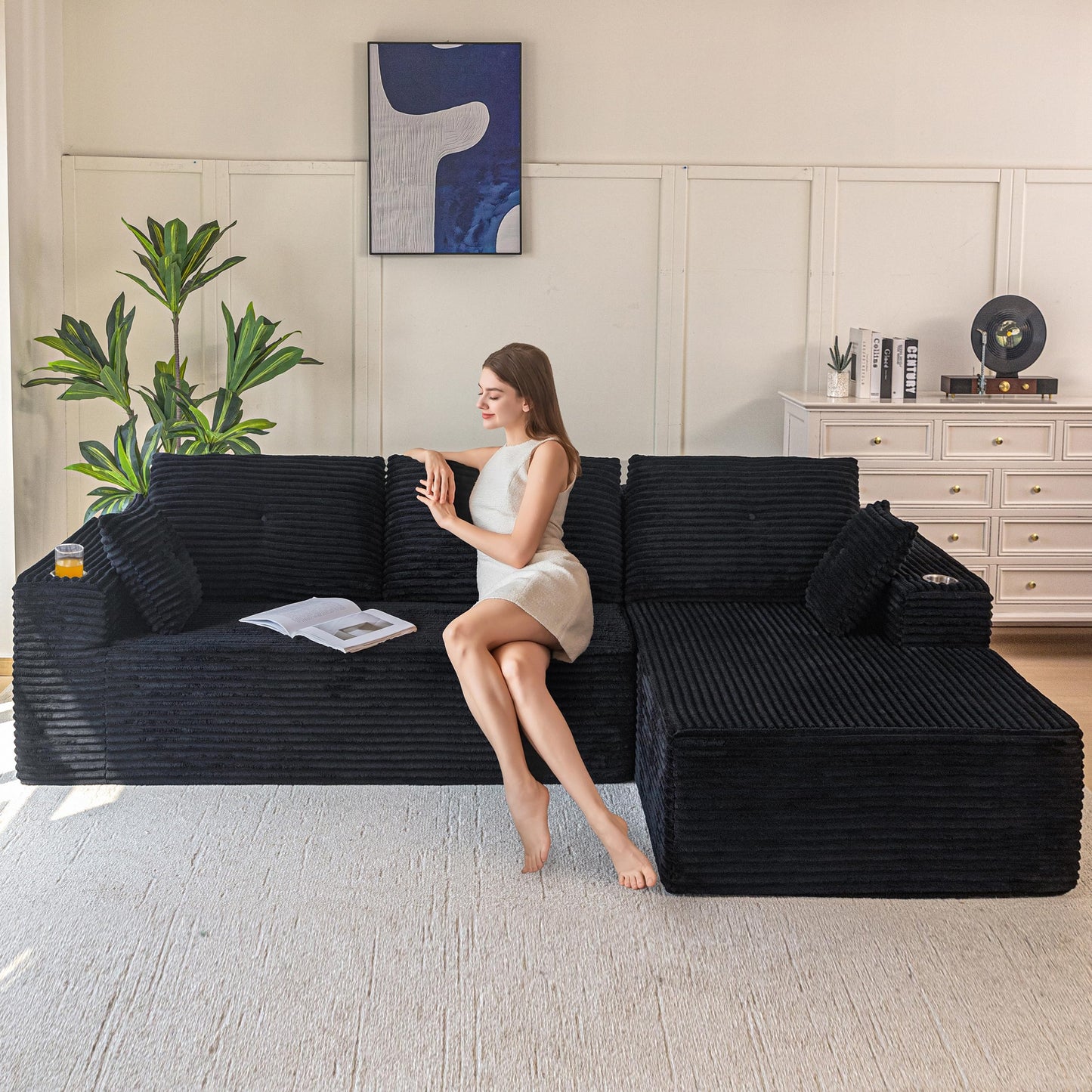 MAXYOYO 110" Modular Sectional Couch with L-Shape Chaise, Modern Boneless Couch for Living Room, Sofa in A Box, Oversized Sofa Sleeper with Deep Seat, No Assembly Required, Dark Grey